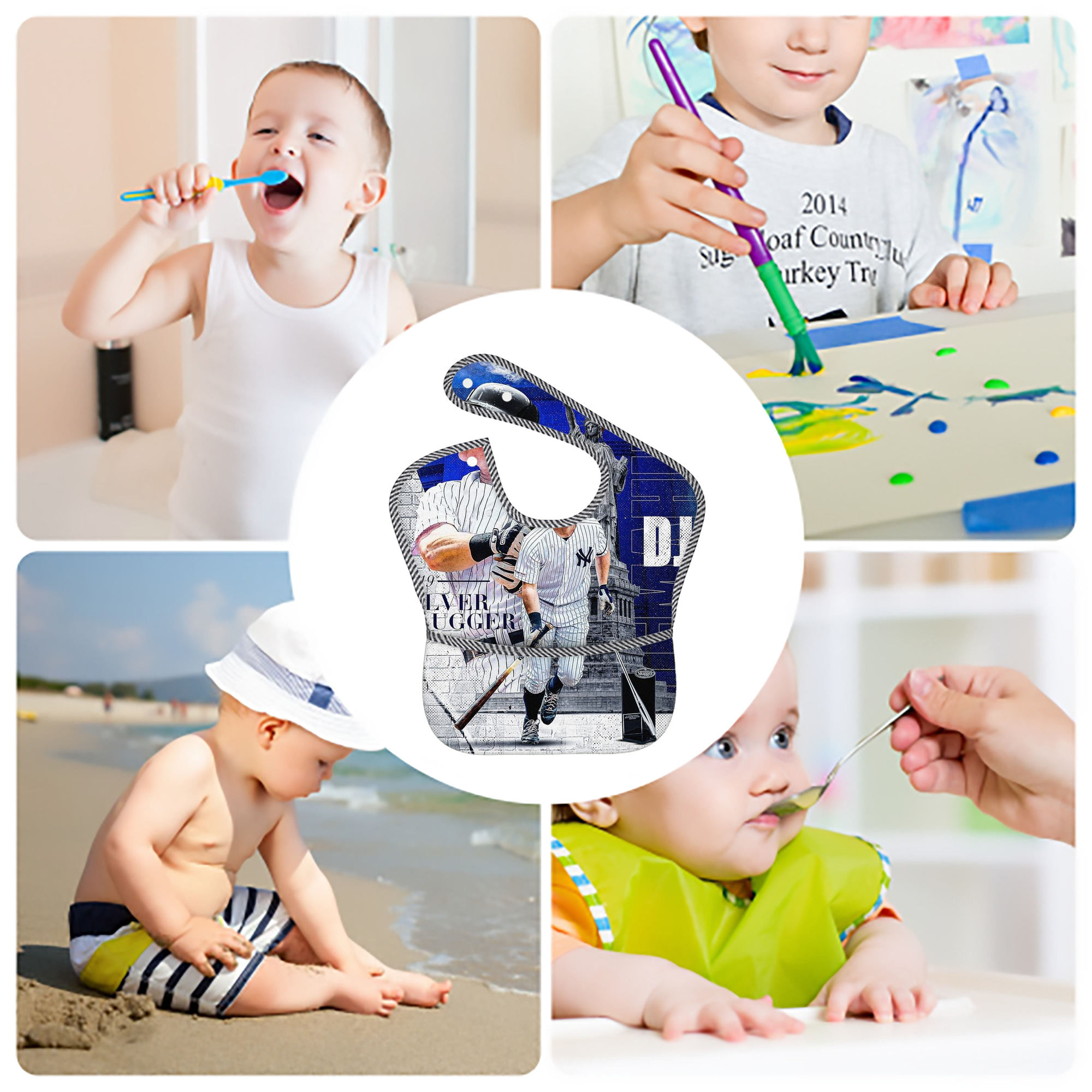 DJ Lemahieu 14 Adjustable Waterproof Toddler Bib – Full-Print Durable Polyester – Foldable Crumb Pocket – Easy Snap Closure – Soft