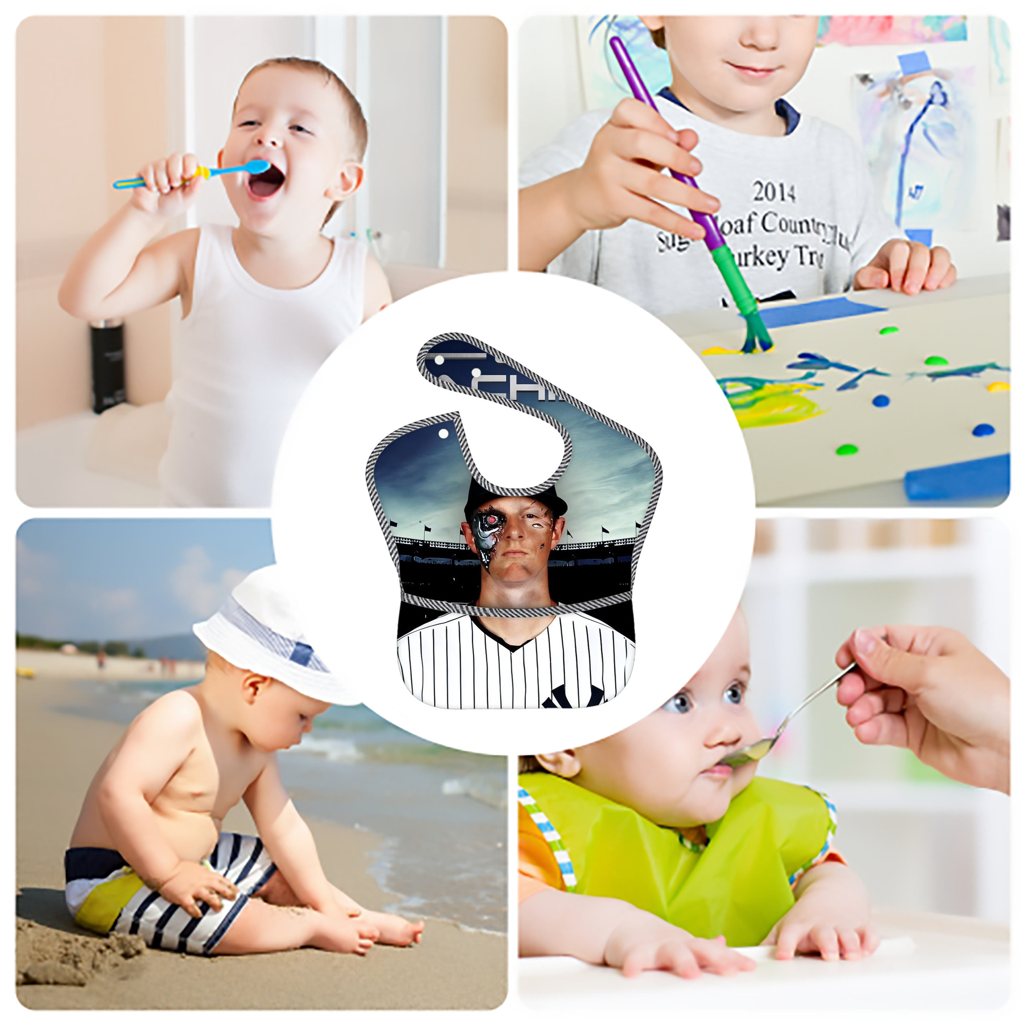 DJ Lemahieu 17 Adjustable Waterproof Toddler Bib – Full-Print Durable Polyester – Foldable Crumb Pocket – Easy Snap Closure – Soft