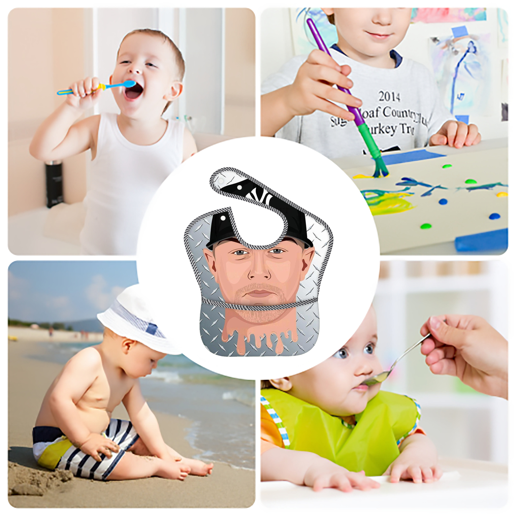 DJ Lemahieu 16 Adjustable Waterproof Toddler Bib – Full-Print Durable Polyester – Foldable Crumb Pocket – Easy Snap Closure – Soft