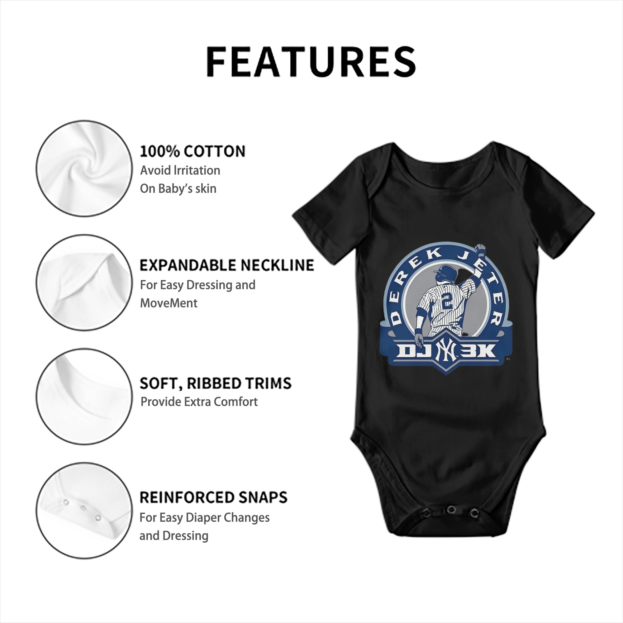 Derek Jeter 3 Baby Short Sleeve Romper – 100% Cotton Soft & Breathable Digital Print Onesie With Easy Snap Closure And Envelope Shoulder – Comfortable For Daily Wear & Travel