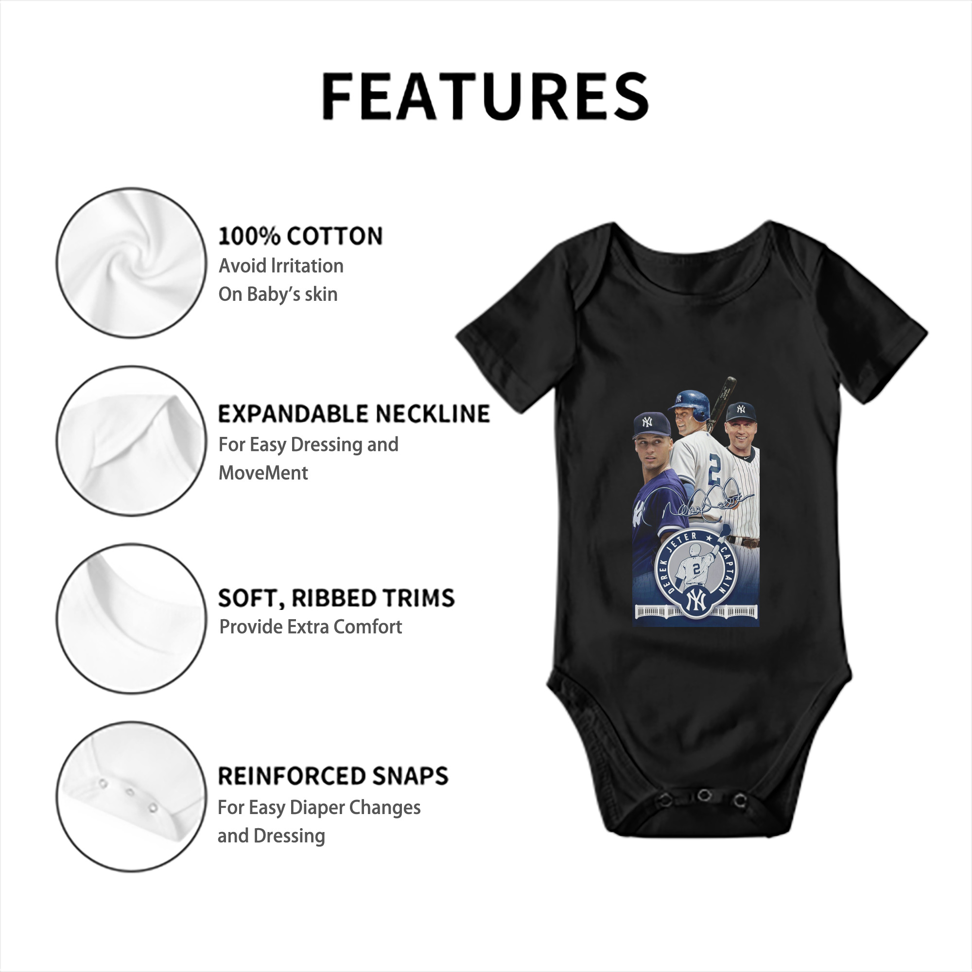 Derek Jeter 79 Baby Short Sleeve Romper – 100% Cotton Soft & Breathable Digital Print Onesie With Easy Snap Closure And Envelope Shoulder – Comfortable For Daily Wear & Travel
