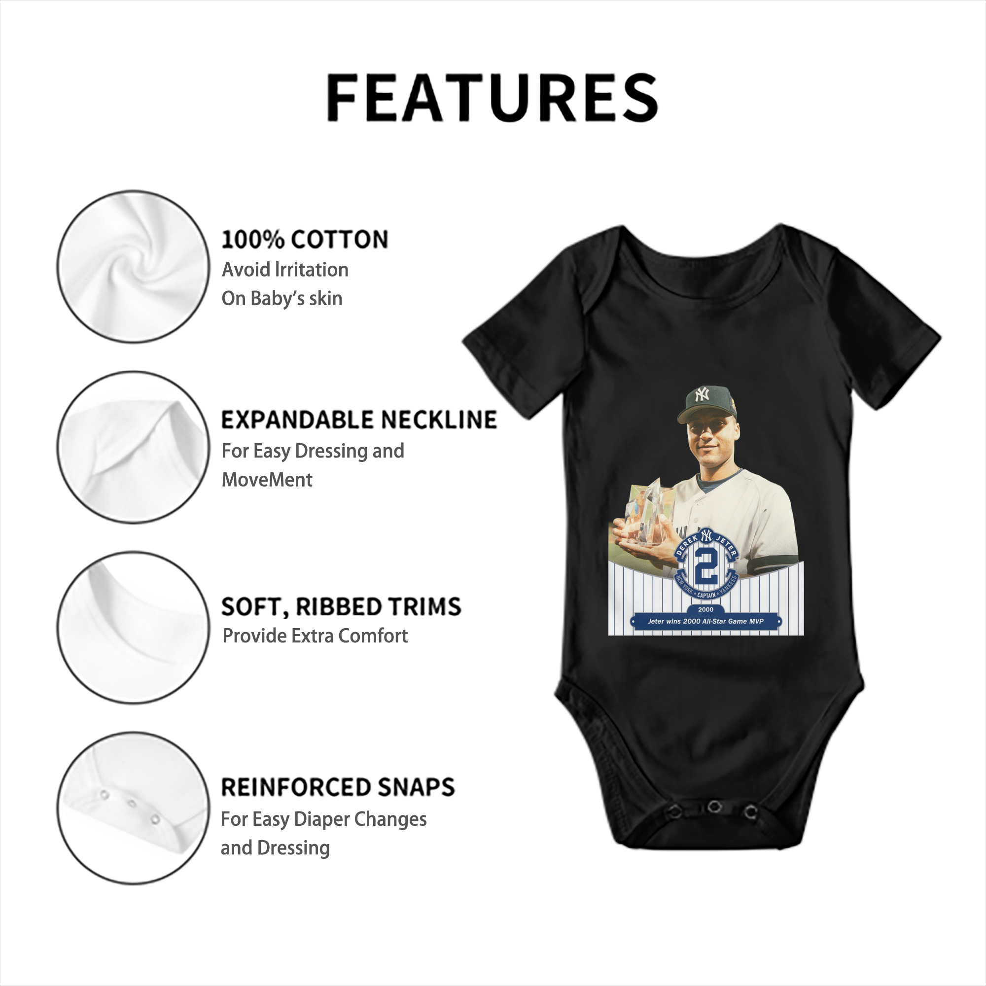 Derek Jeter 80 Baby Short Sleeve Romper – 100% Cotton Soft & Breathable Digital Print Onesie With Easy Snap Closure And Envelope Shoulder – Comfortable For Daily Wear & Travel