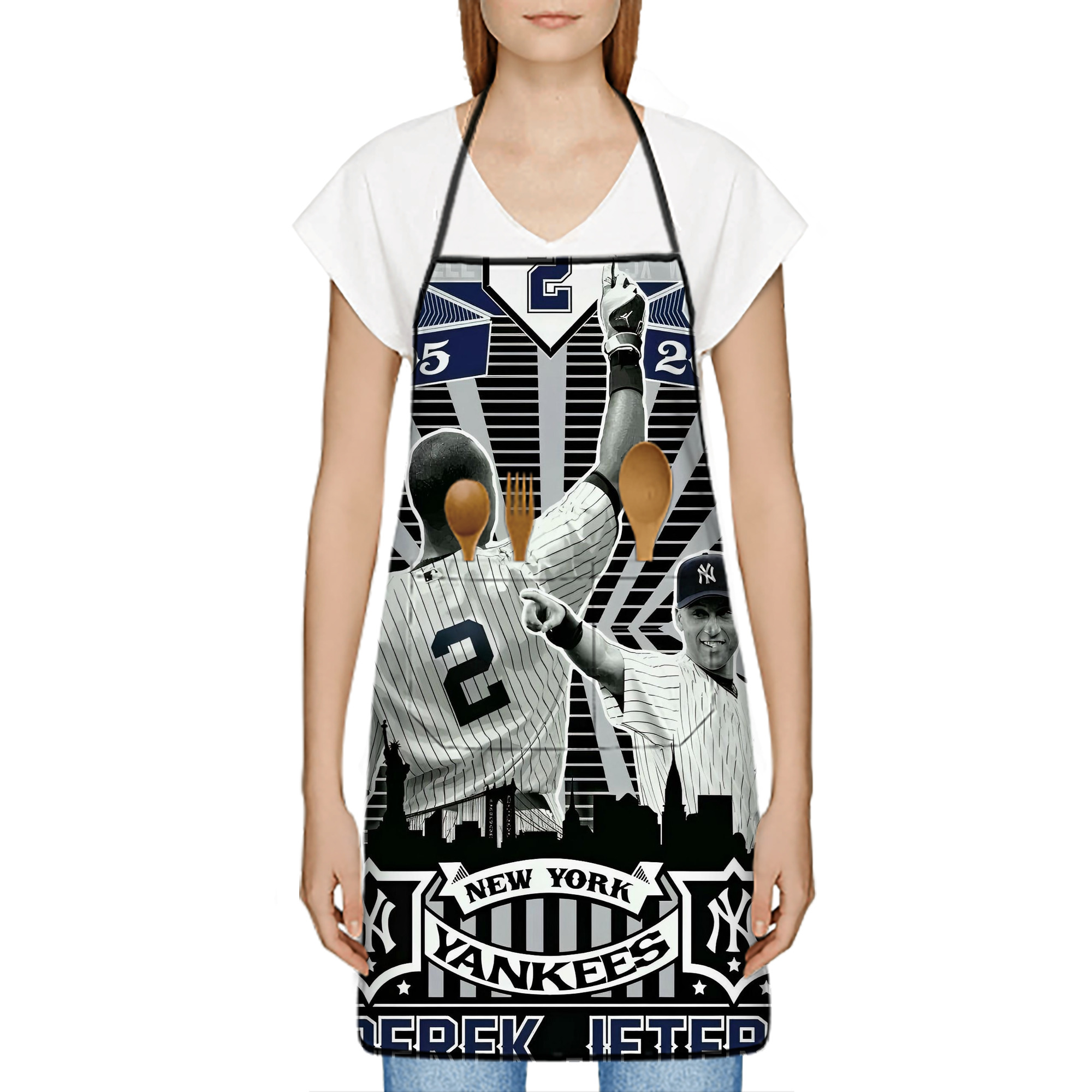 Derek Jeter 34 Stain-Resistant Polyester Apron With Pocket – Full Print, Waterproof, Anti-Wrinkle, Anti-Pilling – Ideal For Kitchen, BBQ, Restaurant, Salon & More