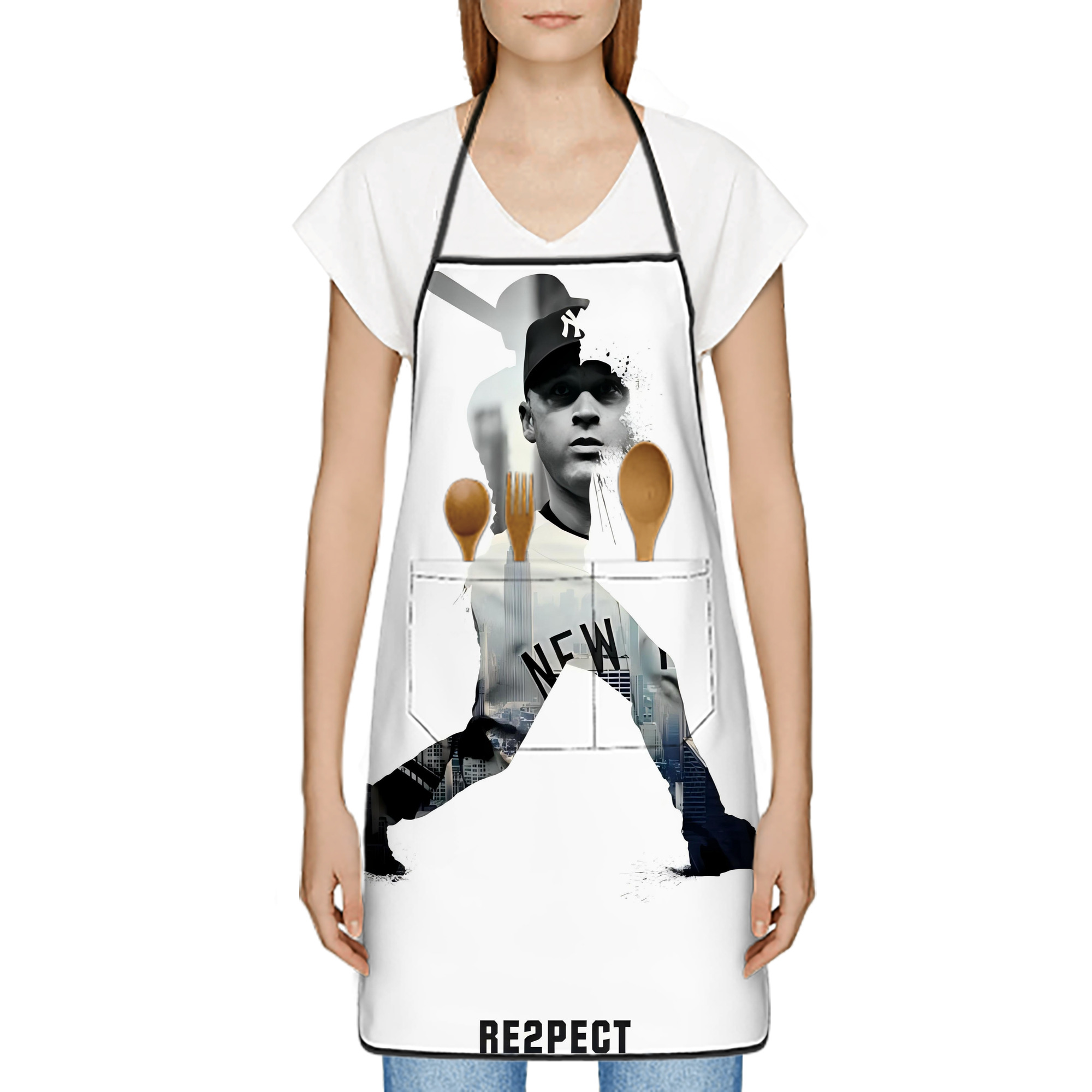 Derek Jeter 54 Stain-Resistant Polyester Apron With Pocket – Full Print, Waterproof, Anti-Wrinkle, Anti-Pilling – Ideal For Kitchen, BBQ, Restaurant, Salon & More