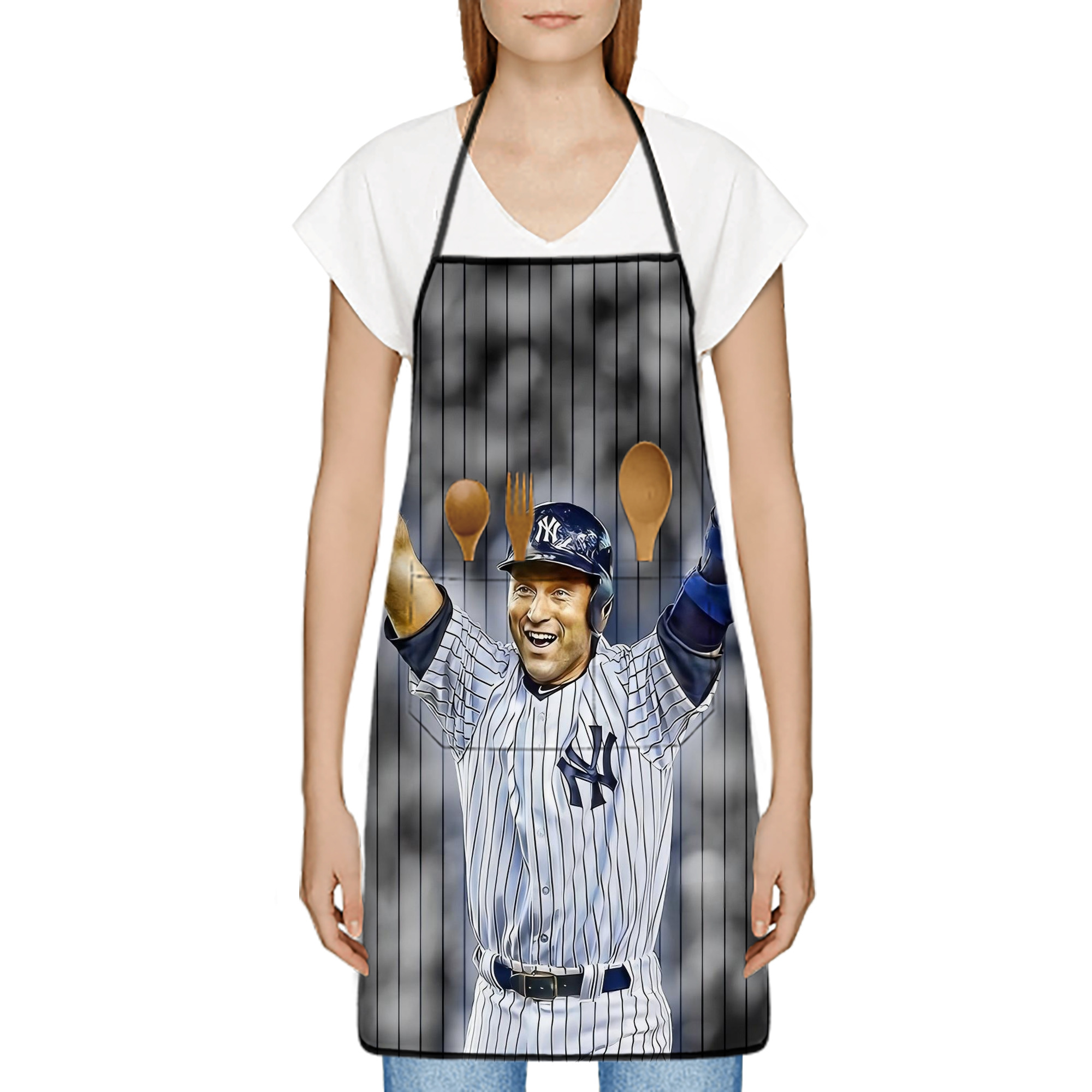 Derek Jeter 96 Stain-Resistant Polyester Apron With Pocket – Full Print, Waterproof, Anti-Wrinkle, Anti-Pilling – Ideal For Kitchen, BBQ, Restaurant, Salon & More