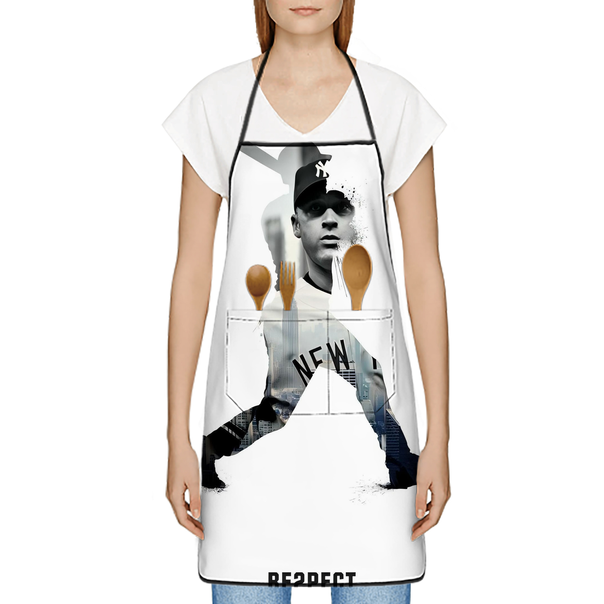 Derek Jeter 98 Stain-Resistant Polyester Apron With Pocket – Full Print, Waterproof, Anti-Wrinkle, Anti-Pilling – Ideal For Kitchen, BBQ, Restaurant, Salon & More