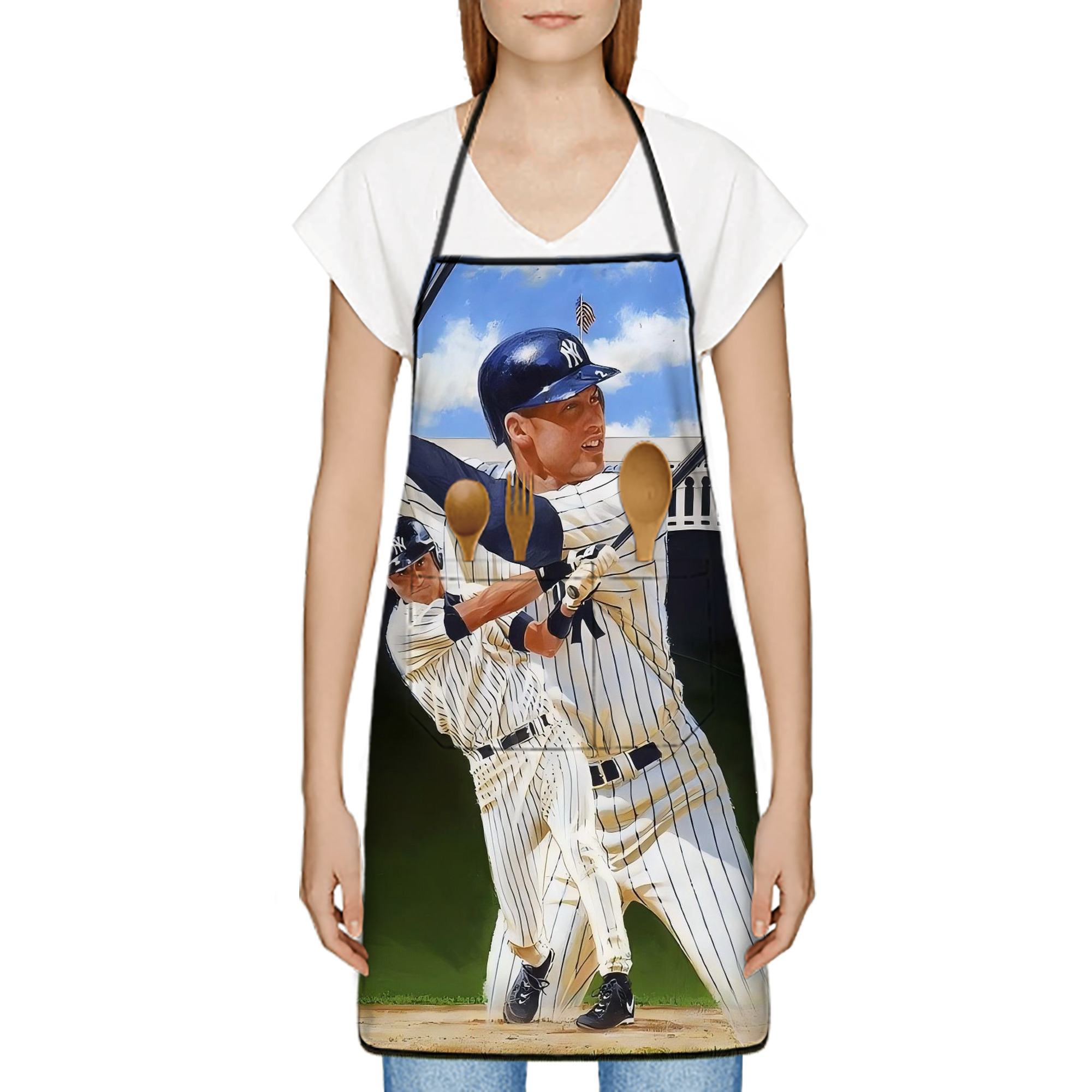 Derek Jeter 108 Stain-Resistant Polyester Apron With Pocket – Full Print, Waterproof, Anti-Wrinkle, Anti-Pilling – Ideal For Kitchen, BBQ, Restaurant, Salon & More