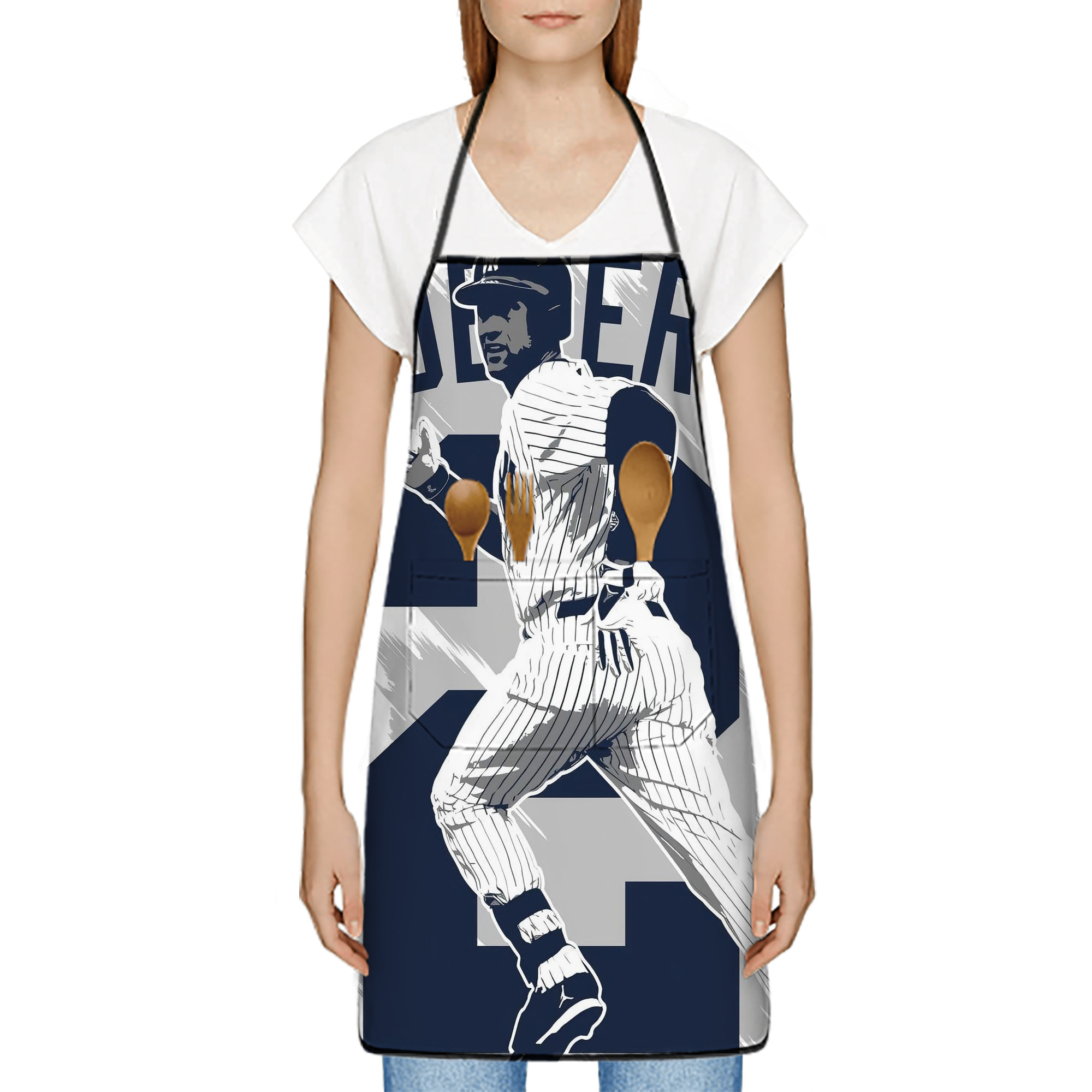 Derek Jeter 113 Stain-Resistant Polyester Apron With Pocket – Full Print, Waterproof, Anti-Wrinkle, Anti-Pilling – Ideal For Kitchen, BBQ, Restaurant, Salon & More