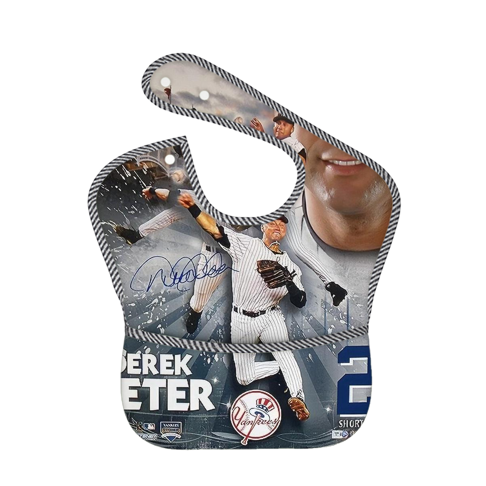 Derek Jeter 109 Adjustable Waterproof Toddler Bib – Full-Print Durable Polyester – Foldable Crumb Pocket – Easy Snap Closure – Soft