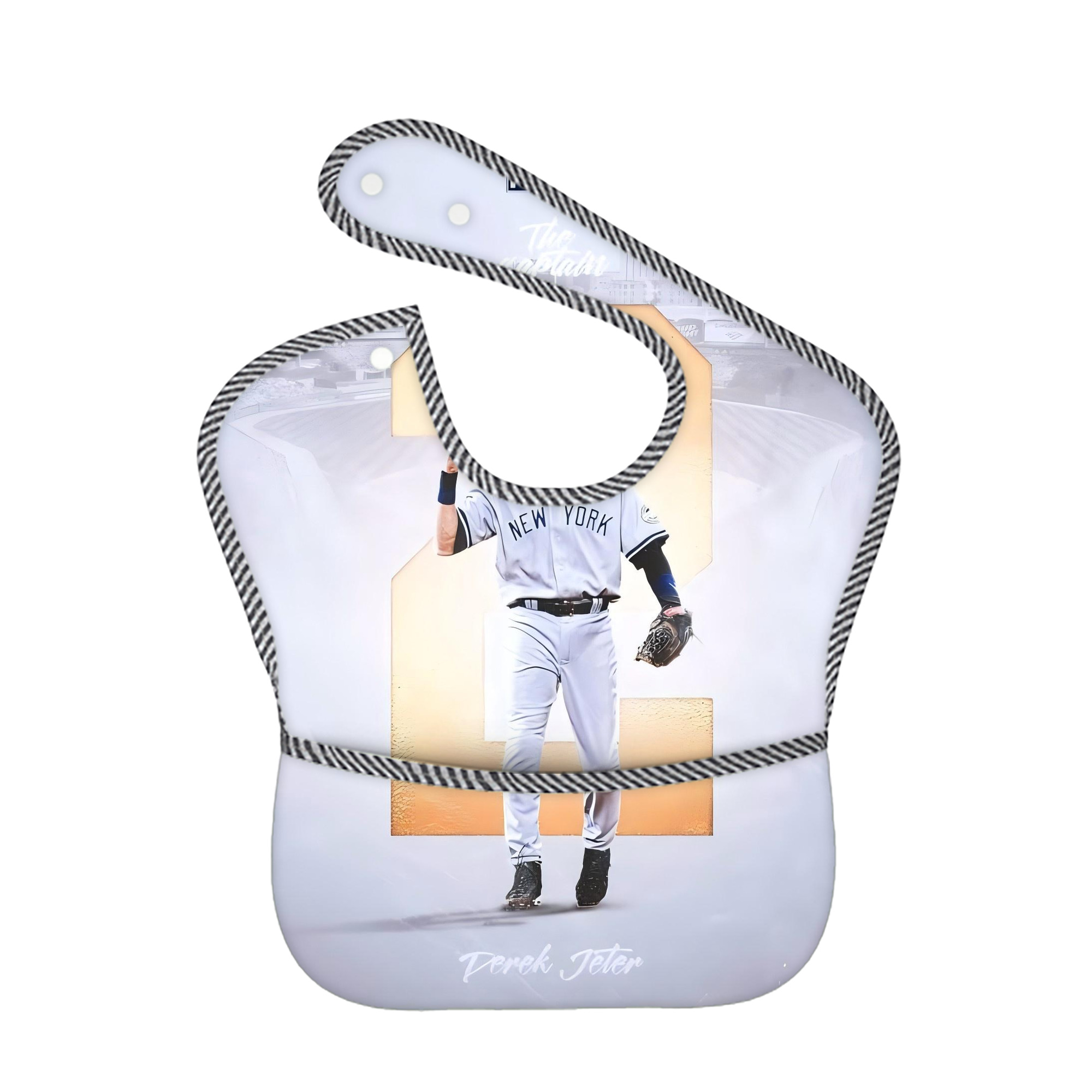 Derek Jeter 112 Adjustable Waterproof Toddler Bib – Full-Print Durable Polyester – Foldable Crumb Pocket – Easy Snap Closure – Soft