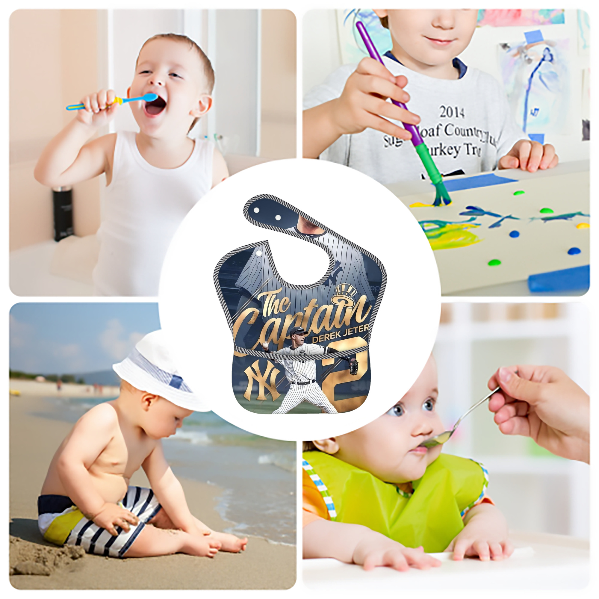 Derek Jeter 29 Adjustable Waterproof Toddler Bib – Full-Print Durable Polyester – Foldable Crumb Pocket – Easy Snap Closure – Soft