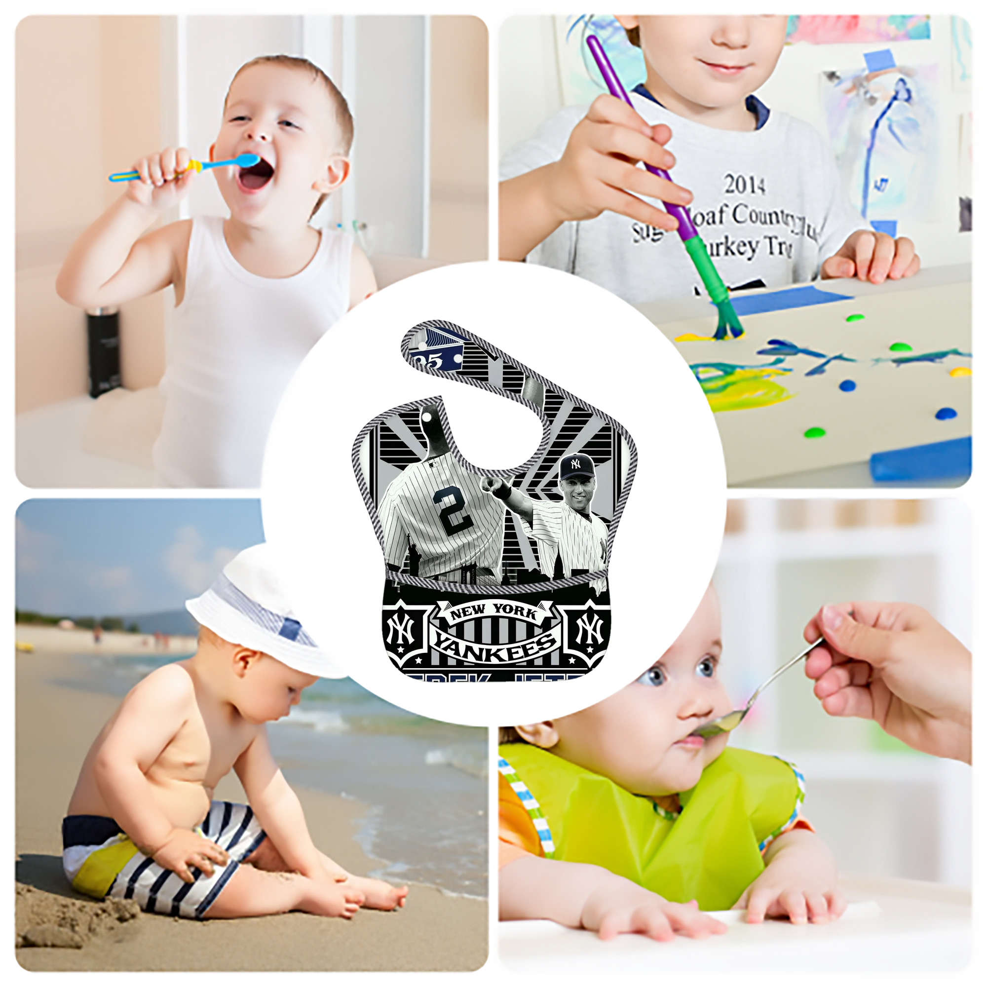 Derek Jeter 34 Adjustable Waterproof Toddler Bib – Full-Print Durable Polyester – Foldable Crumb Pocket – Easy Snap Closure – Soft