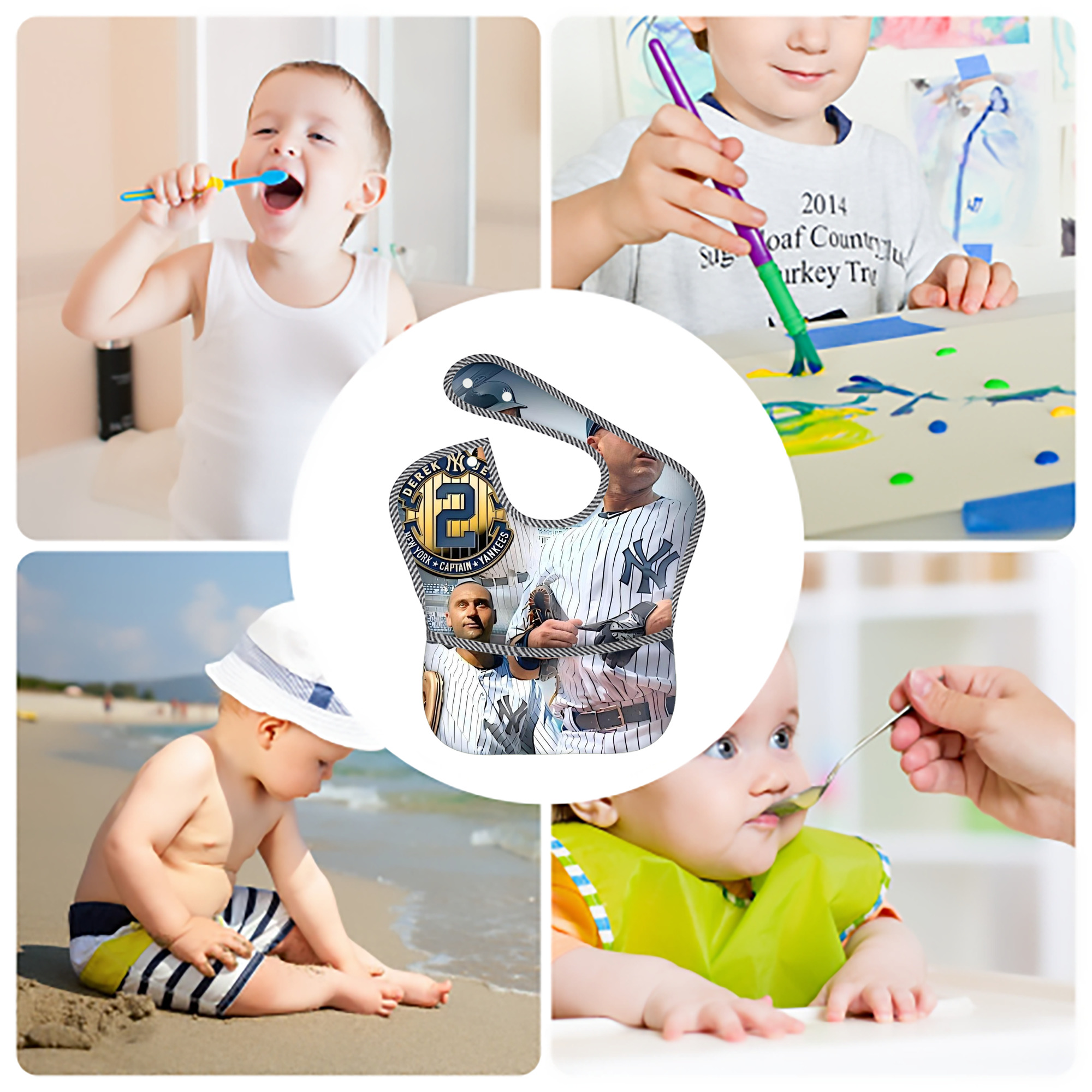 Derek Jeter 40 Adjustable Waterproof Toddler Bib – Full-Print Durable Polyester – Foldable Crumb Pocket – Easy Snap Closure – Soft