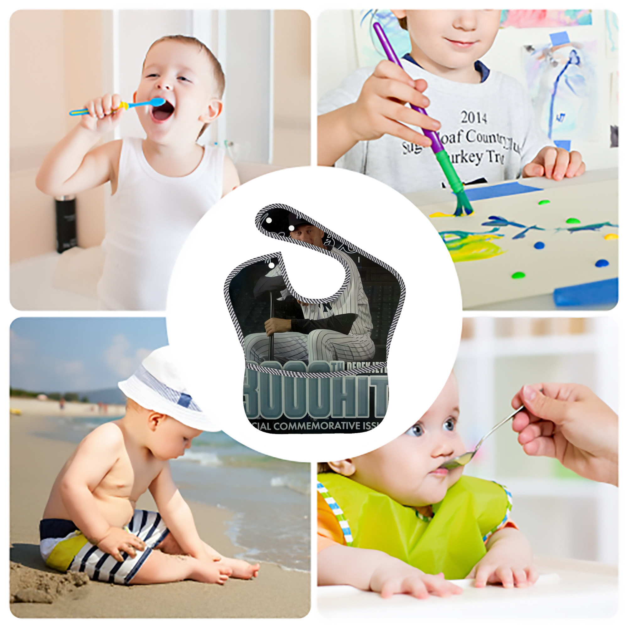 Derek Jeter 43 Adjustable Waterproof Toddler Bib – Full-Print Durable Polyester – Foldable Crumb Pocket – Easy Snap Closure – Soft