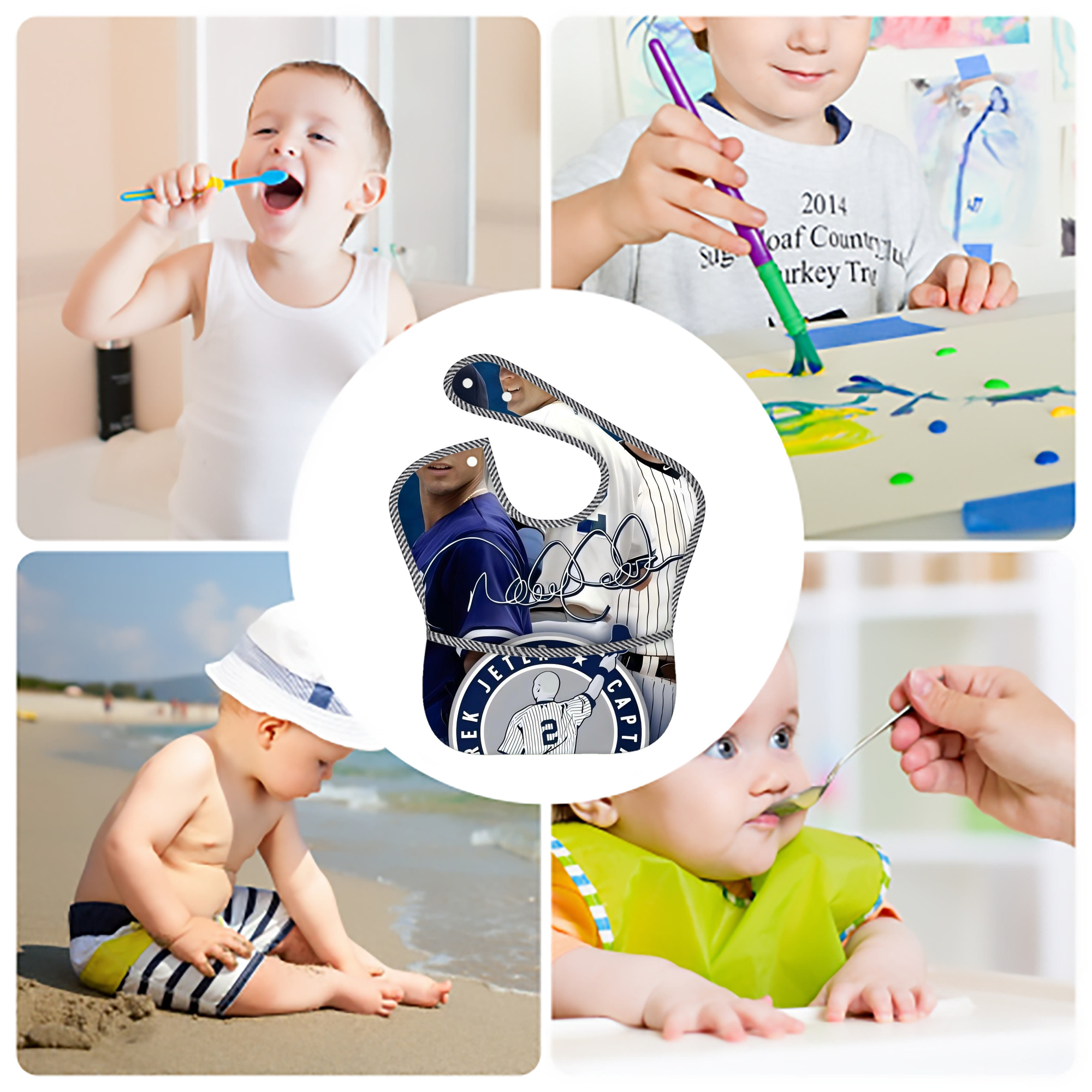 Derek Jeter 47 Adjustable Waterproof Toddler Bib – Full-Print Durable Polyester – Foldable Crumb Pocket – Easy Snap Closure – Soft