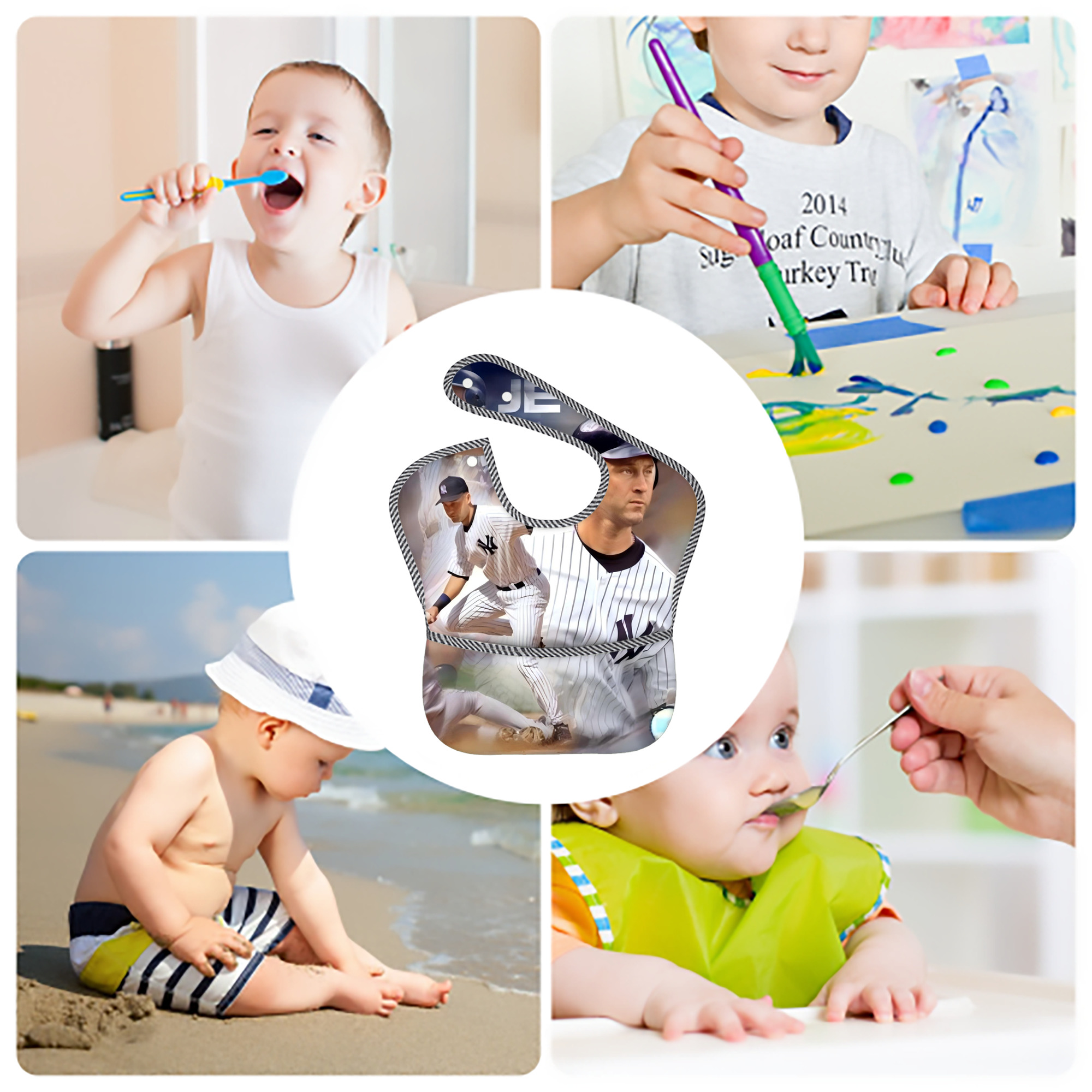 Derek Jeter 60 Adjustable Waterproof Toddler Bib – Full-Print Durable Polyester – Foldable Crumb Pocket – Easy Snap Closure – Soft