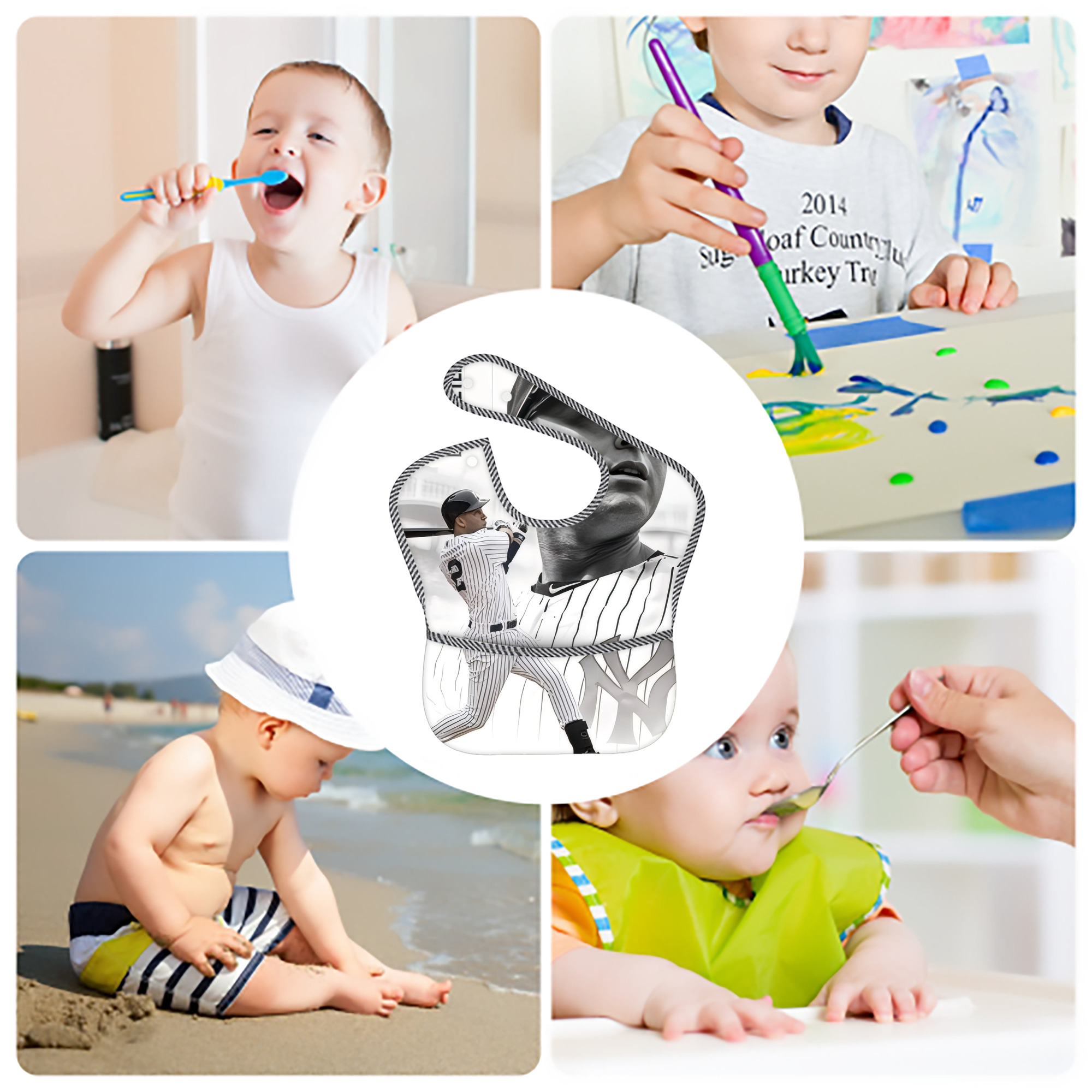 Derek Jeter 61 Adjustable Waterproof Toddler Bib – Full-Print Durable Polyester – Foldable Crumb Pocket – Easy Snap Closure – Soft