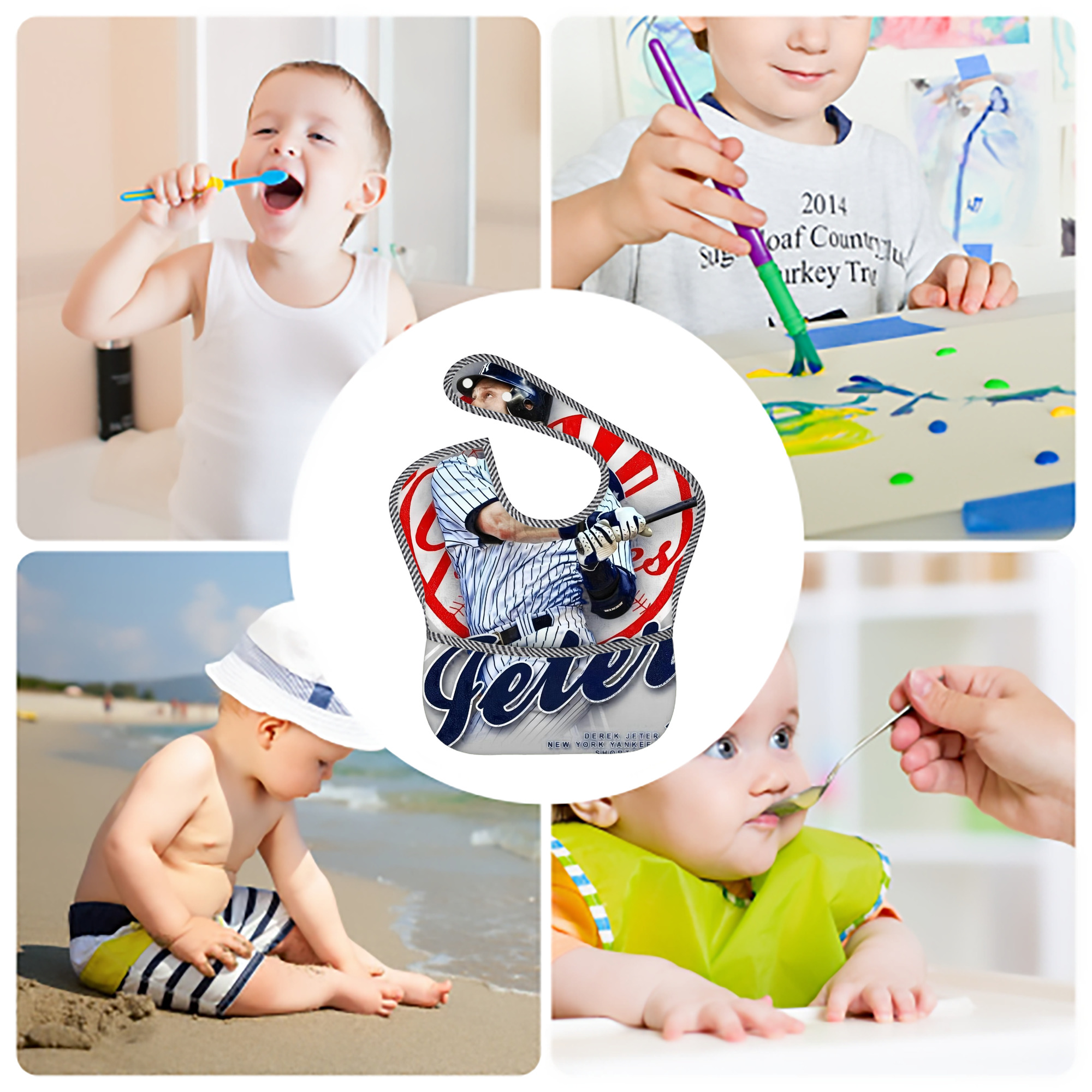 Derek Jeter 62 Adjustable Waterproof Toddler Bib – Full-Print Durable Polyester – Foldable Crumb Pocket – Easy Snap Closure – Soft