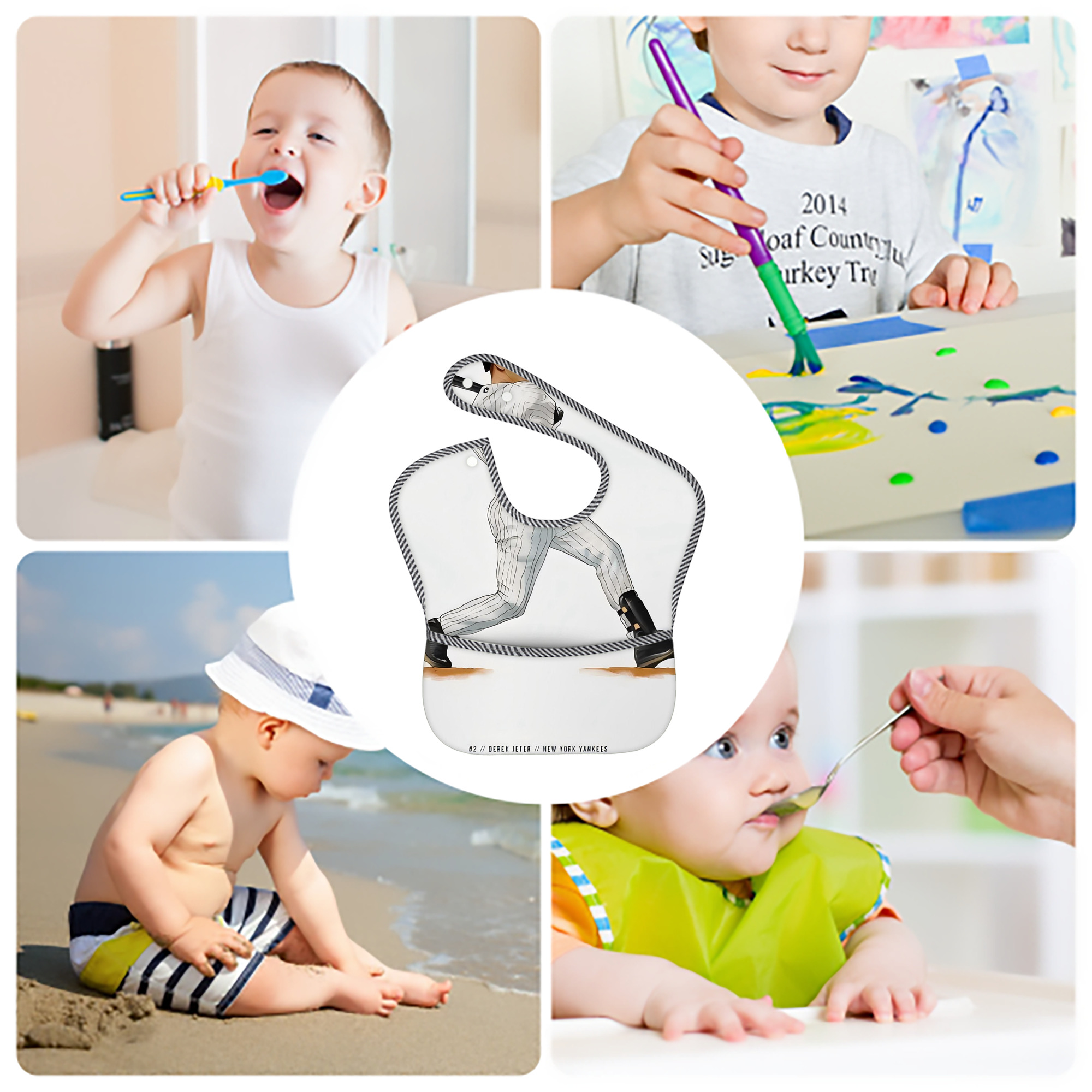 Derek Jeter 64 Adjustable Waterproof Toddler Bib – Full-Print Durable Polyester – Foldable Crumb Pocket – Easy Snap Closure – Soft