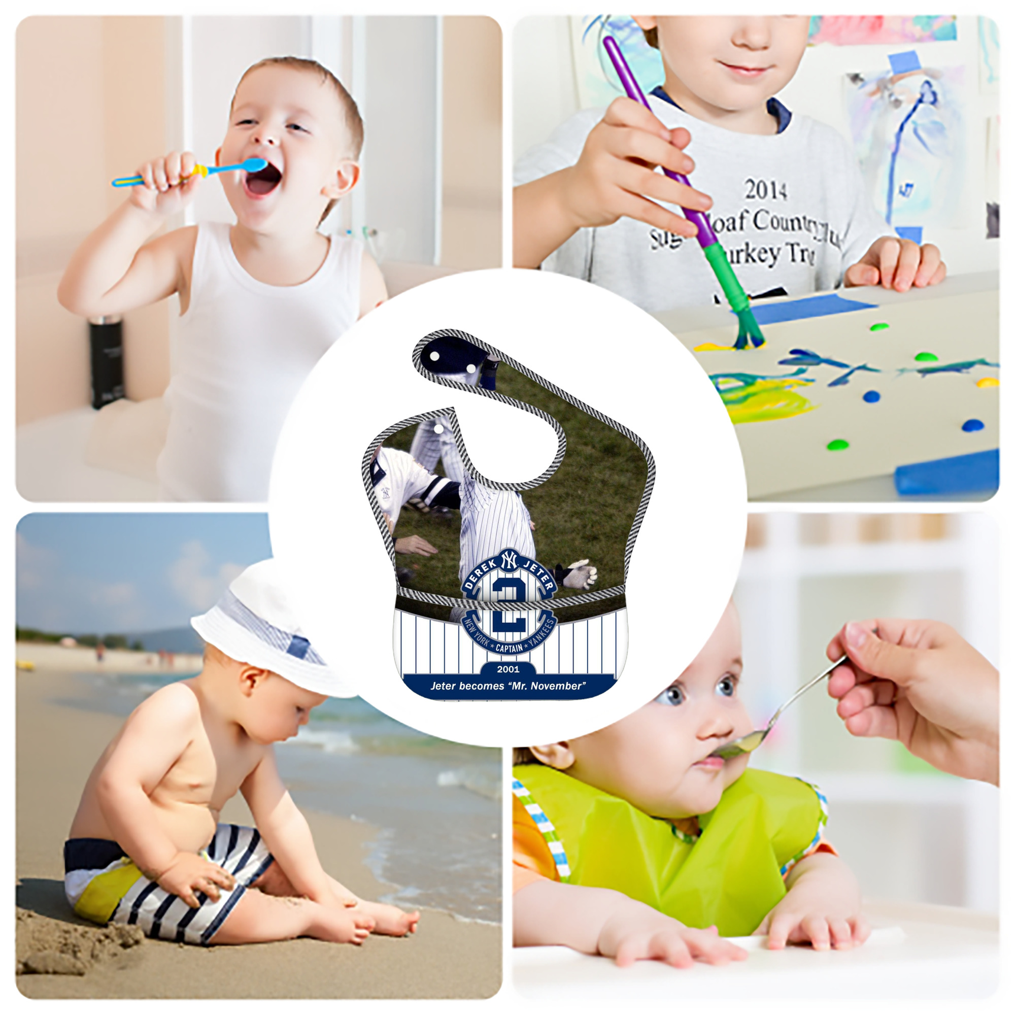 Derek Jeter 87 Adjustable Waterproof Toddler Bib – Full-Print Durable Polyester – Foldable Crumb Pocket – Easy Snap Closure – Soft