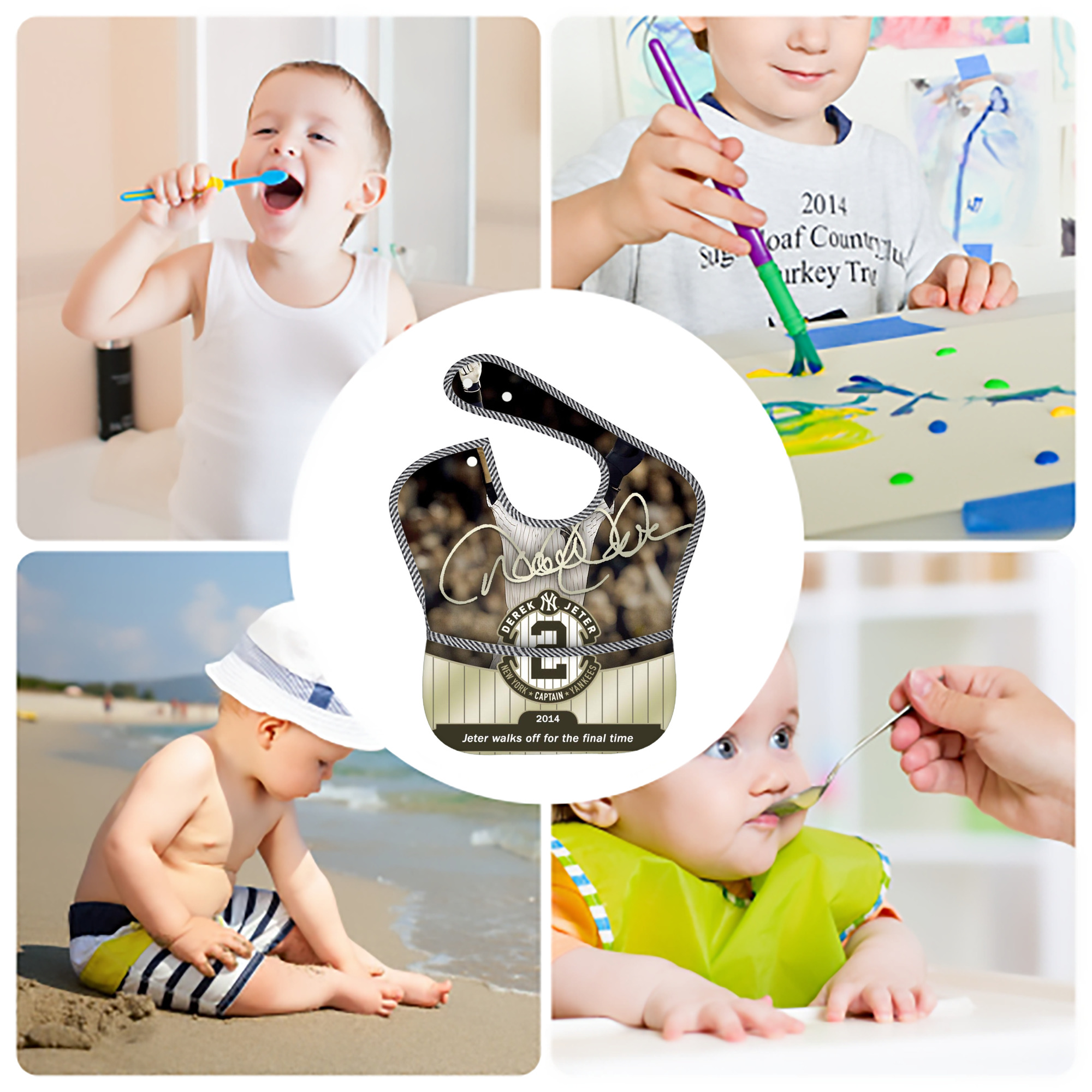 Derek Jeter 95 Adjustable Waterproof Toddler Bib – Full-Print Durable Polyester – Foldable Crumb Pocket – Easy Snap Closure – Soft