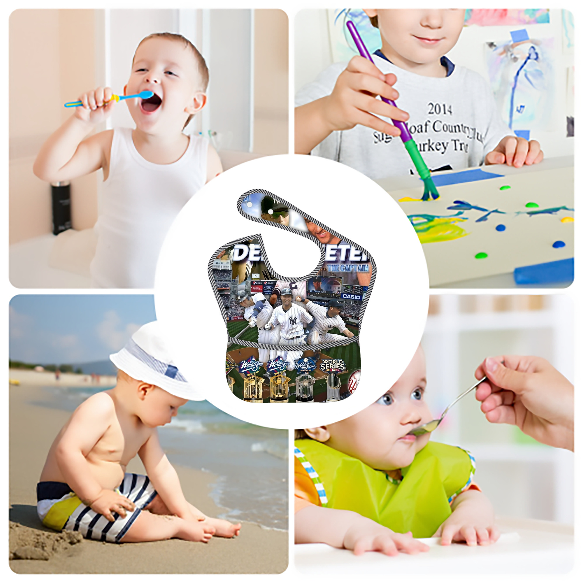 Derek Jeter 100 Adjustable Waterproof Toddler Bib – Full-Print Durable Polyester – Foldable Crumb Pocket – Easy Snap Closure – Soft