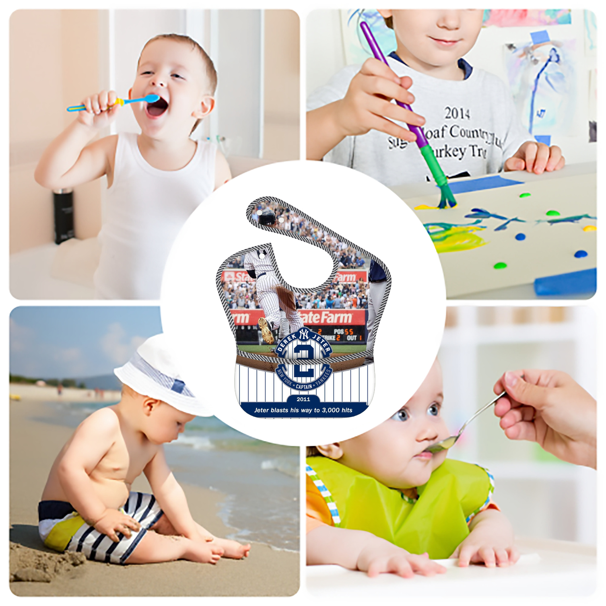 Derek Jeter 102 Adjustable Waterproof Toddler Bib – Full-Print Durable Polyester – Foldable Crumb Pocket – Easy Snap Closure – Soft