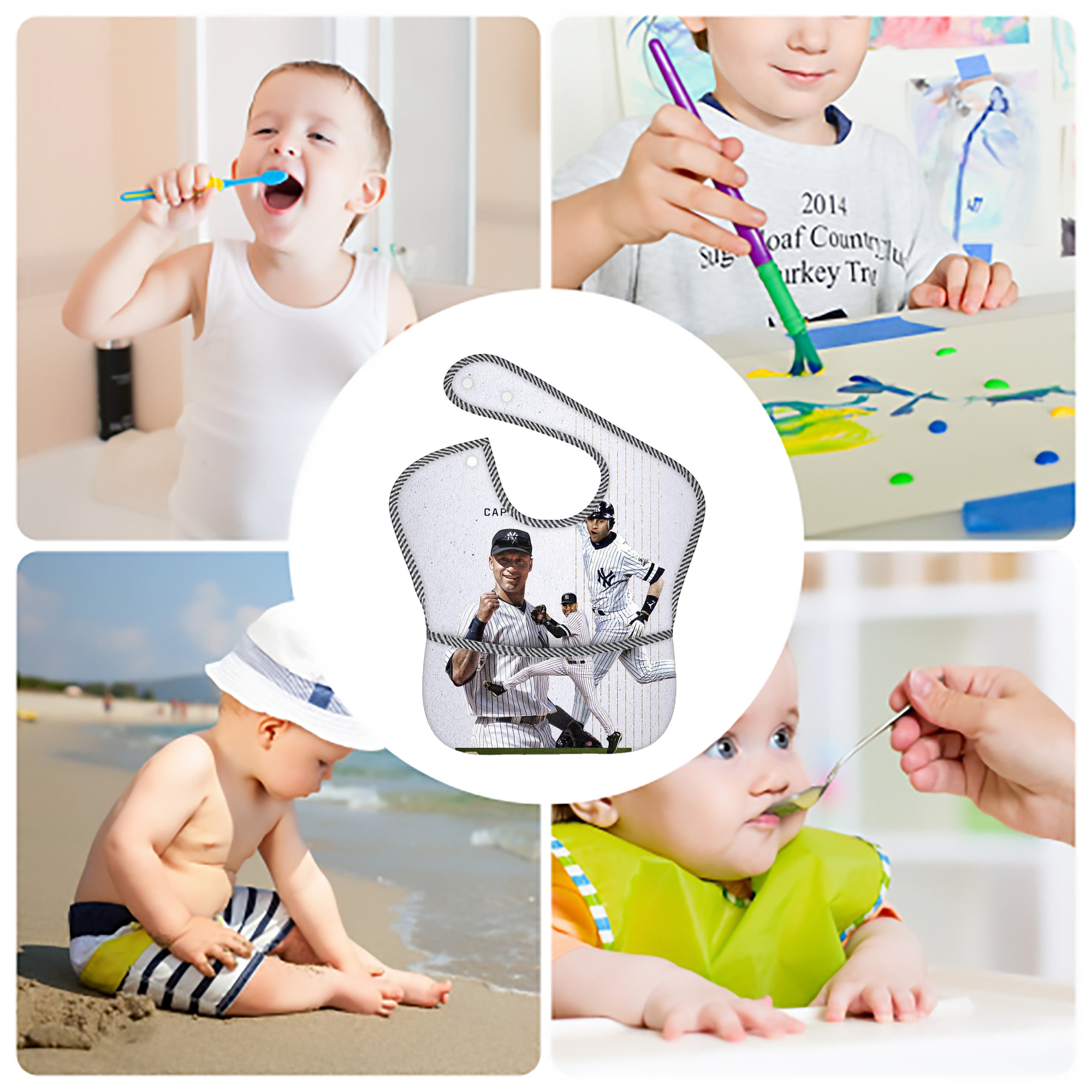 Derek Jeter 106 Adjustable Waterproof Toddler Bib – Full-Print Durable Polyester – Foldable Crumb Pocket – Easy Snap Closure – Soft