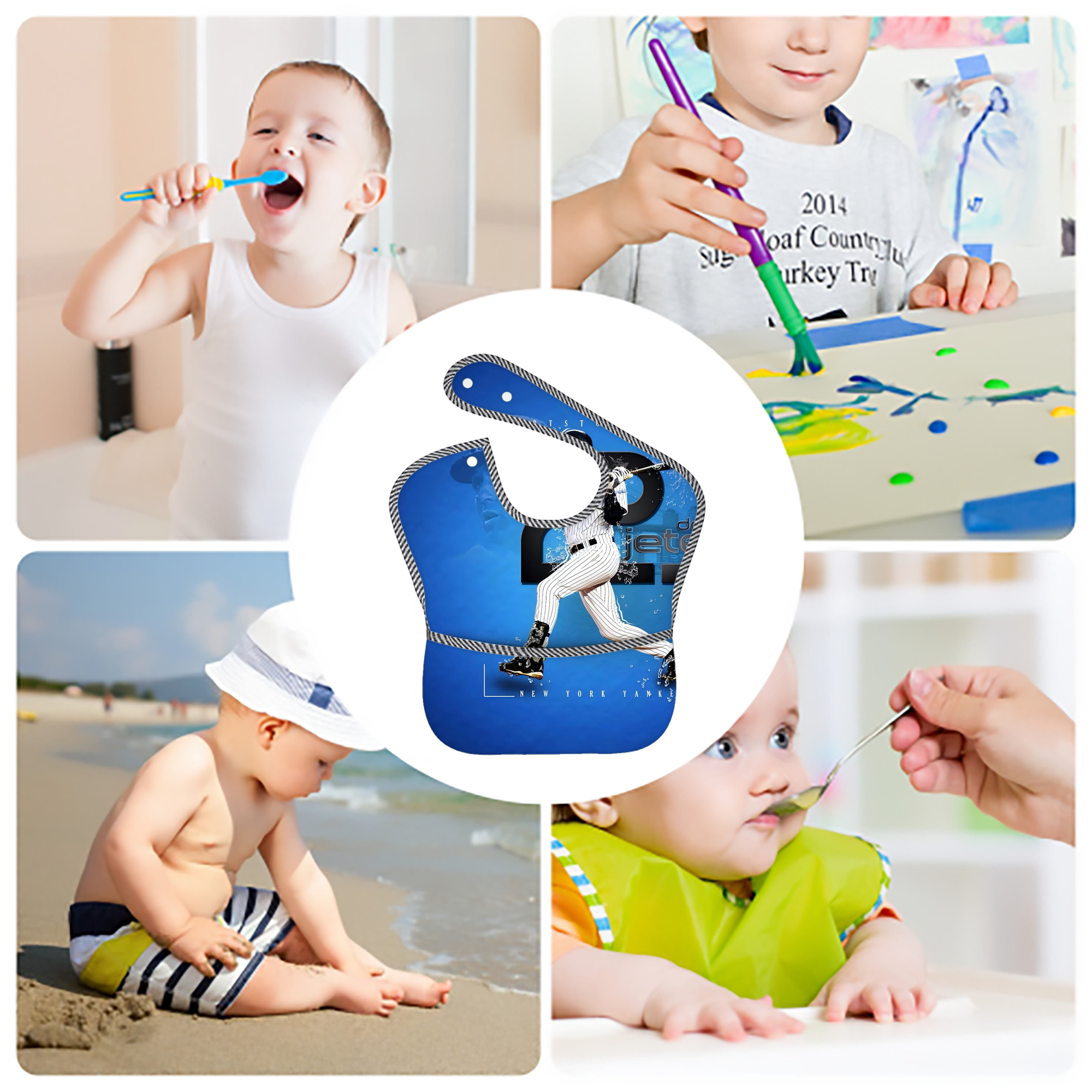 Derek Jeter 107 Adjustable Waterproof Toddler Bib – Full-Print Durable Polyester – Foldable Crumb Pocket – Easy Snap Closure – Soft