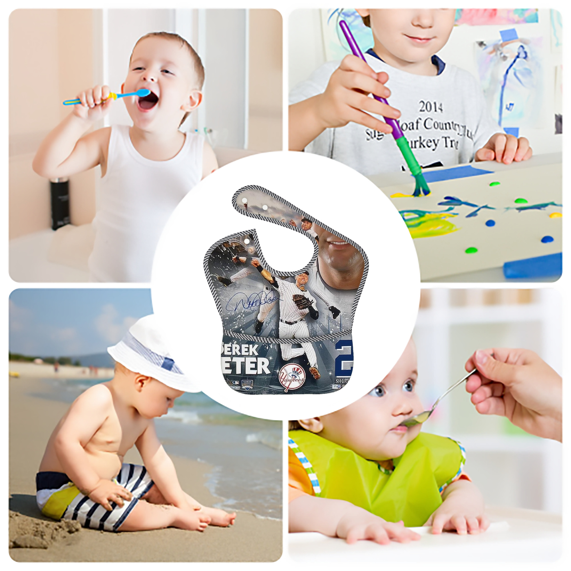 Derek Jeter 109 Adjustable Waterproof Toddler Bib – Full-Print Durable Polyester – Foldable Crumb Pocket – Easy Snap Closure – Soft