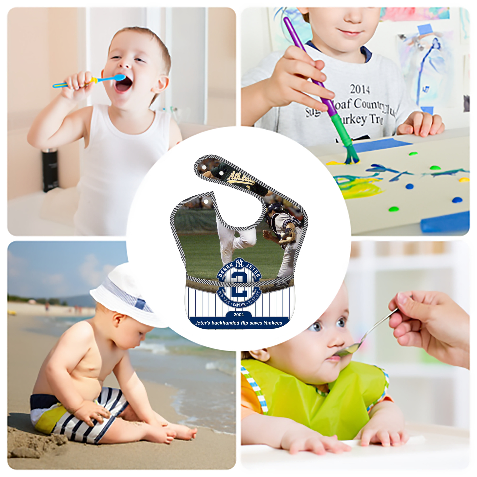 Derek Jeter 111 Adjustable Waterproof Toddler Bib – Full-Print Durable Polyester – Foldable Crumb Pocket – Easy Snap Closure – Soft