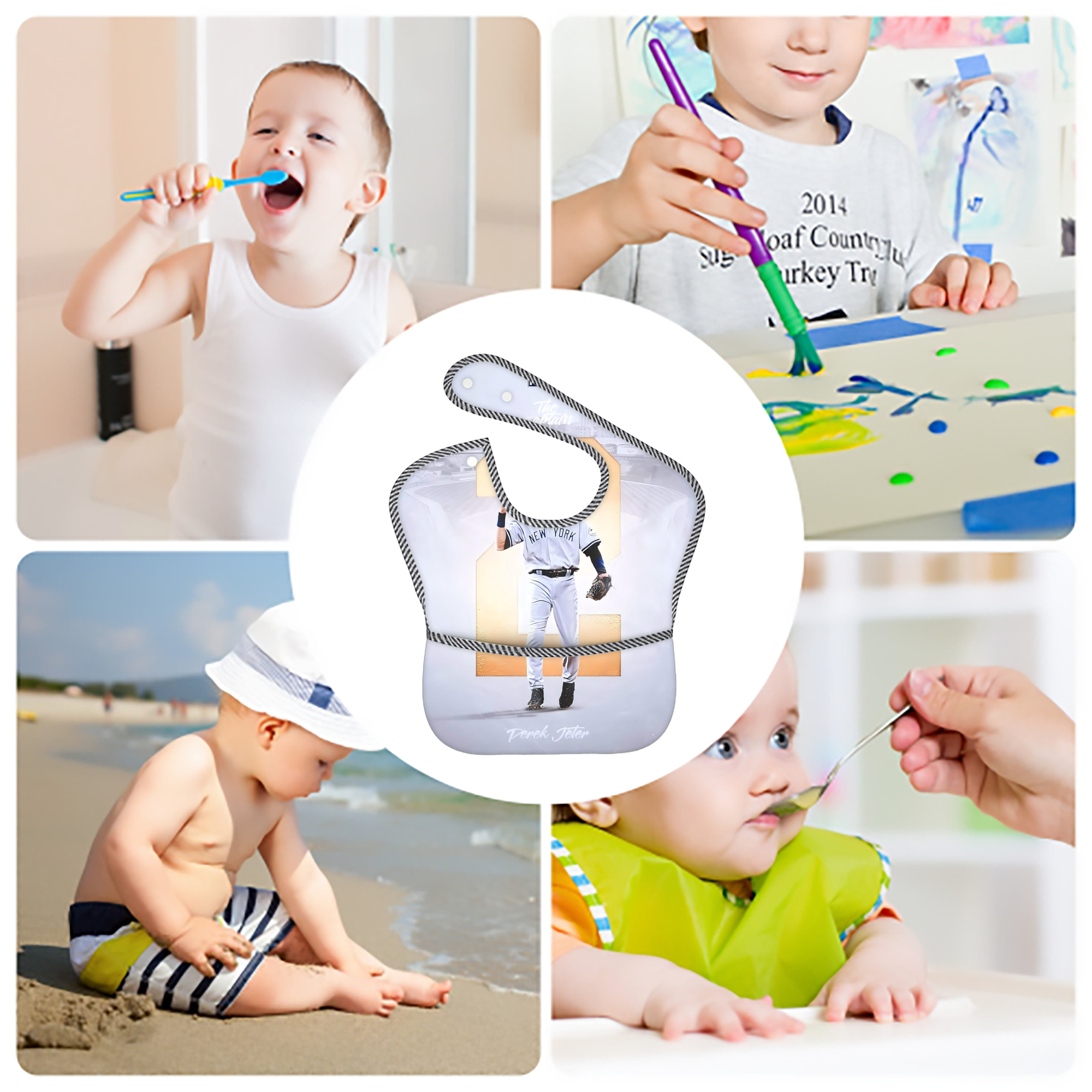 Derek Jeter 112 Adjustable Waterproof Toddler Bib – Full-Print Durable Polyester – Foldable Crumb Pocket – Easy Snap Closure – Soft