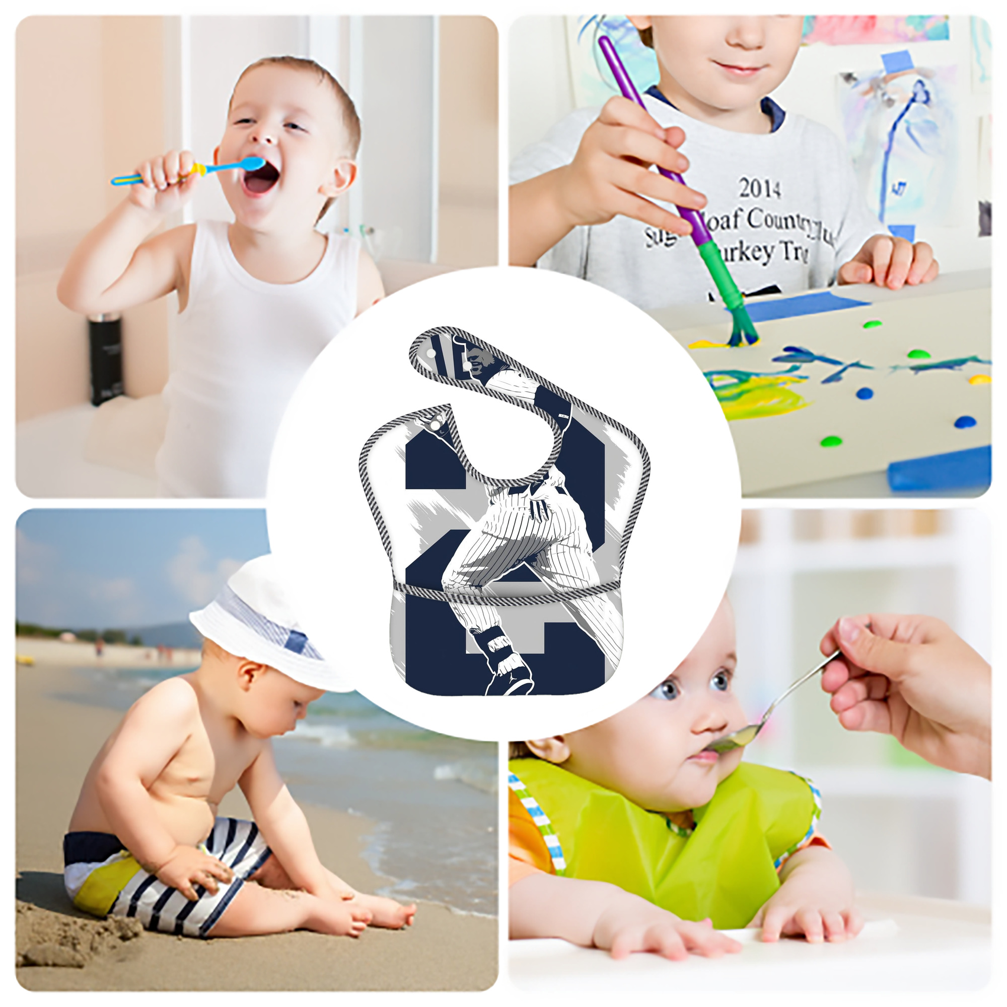 Derek Jeter 113 Adjustable Waterproof Toddler Bib – Full-Print Durable Polyester – Foldable Crumb Pocket – Easy Snap Closure – Soft