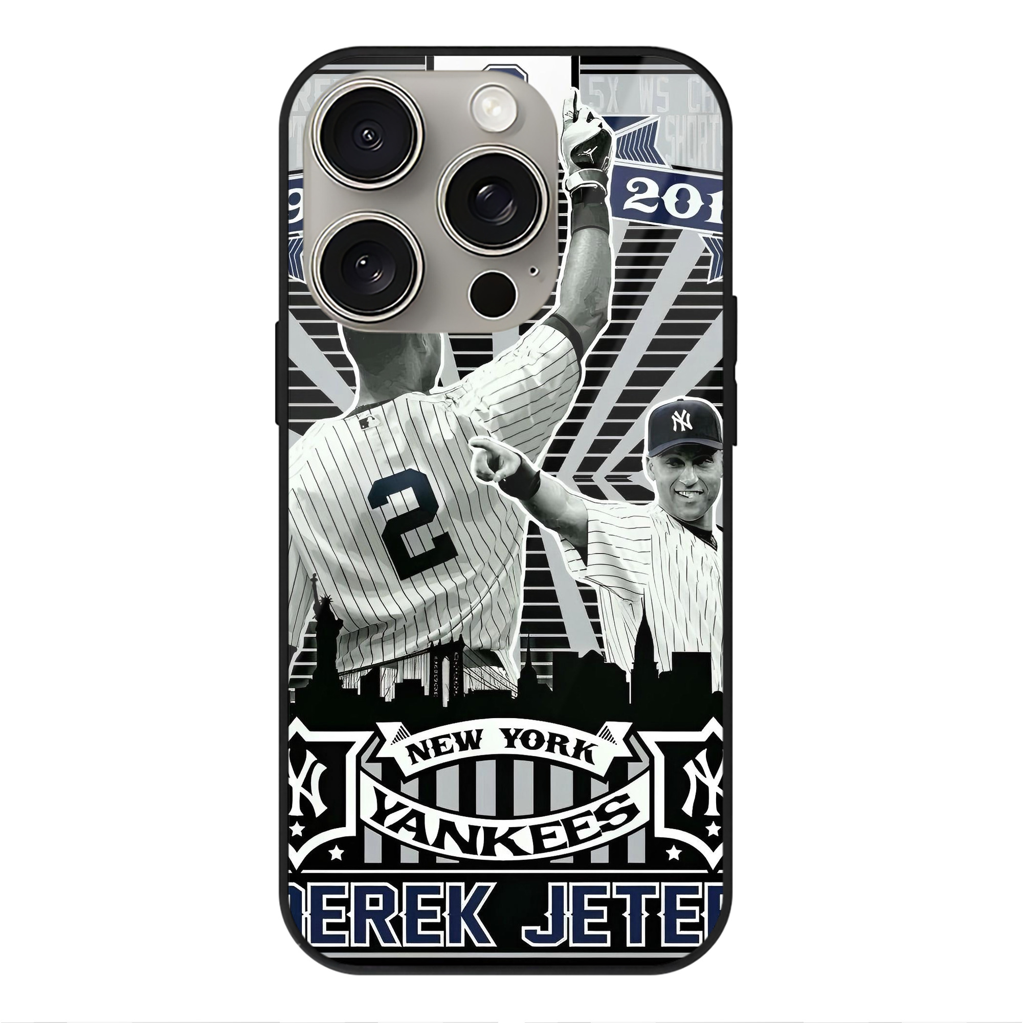 Derek Jeter 34 IPhone 15 Pro Mirror Phone Case – UV Printed Glass + TPU – Scratch-Resistant, Wireless Charging Compatible, Precise Fit & Stylish Design