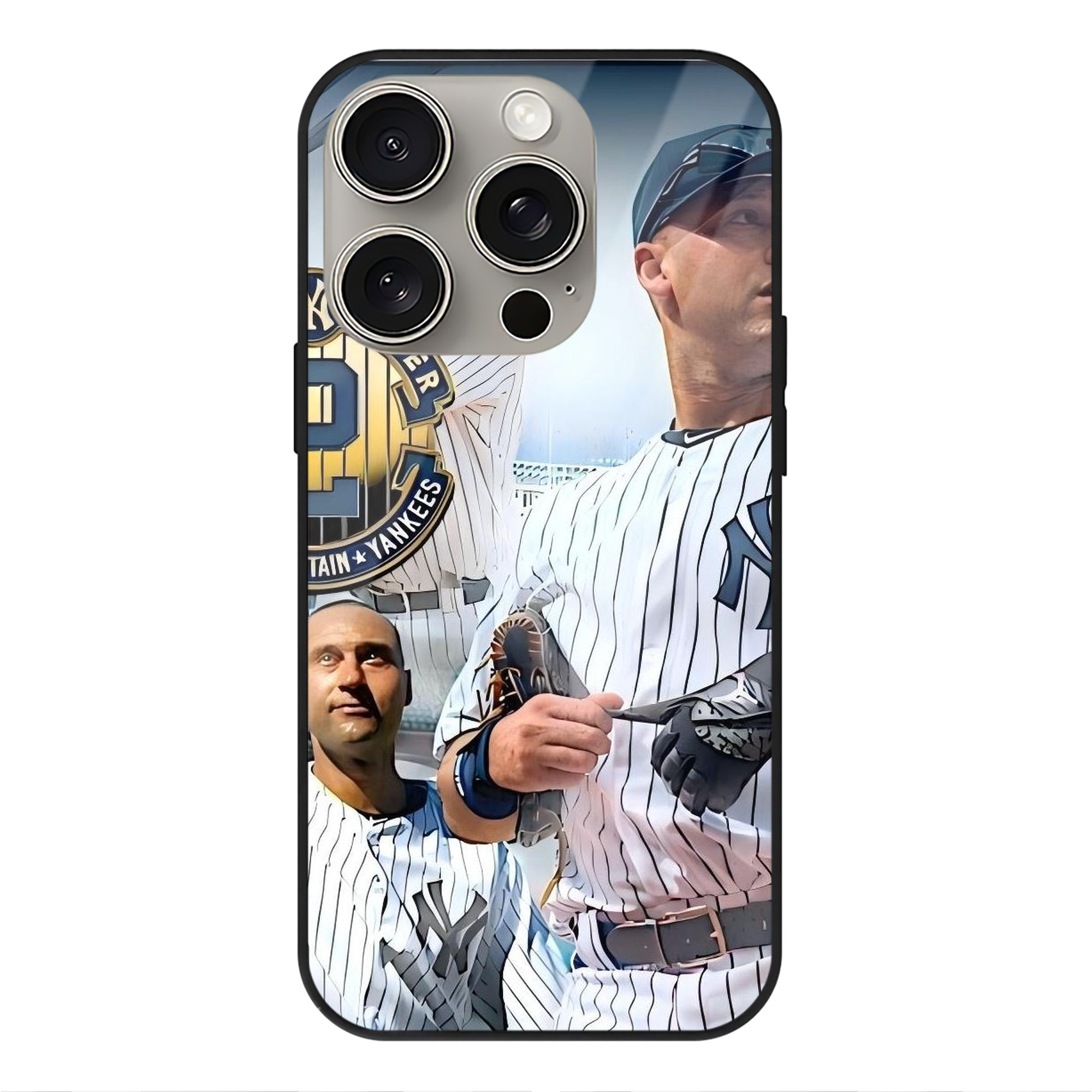 Derek Jeter 40 IPhone 15 Pro Mirror Phone Case – UV Printed Glass + TPU – Scratch-Resistant, Wireless Charging Compatible, Precise Fit & Stylish Design