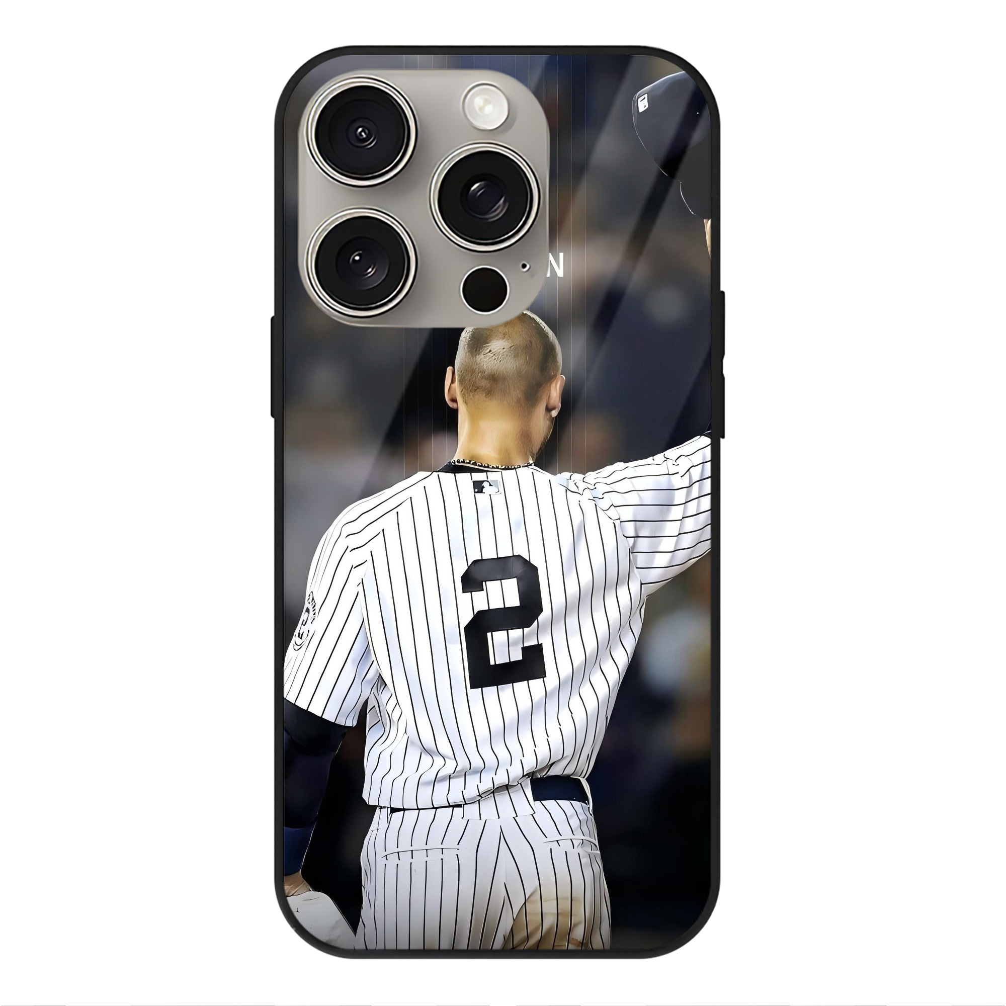 Derek Jeter 56 IPhone 15 Pro Mirror Phone Case – UV Printed Glass + TPU – Scratch-Resistant, Wireless Charging Compatible, Precise Fit & Stylish Design