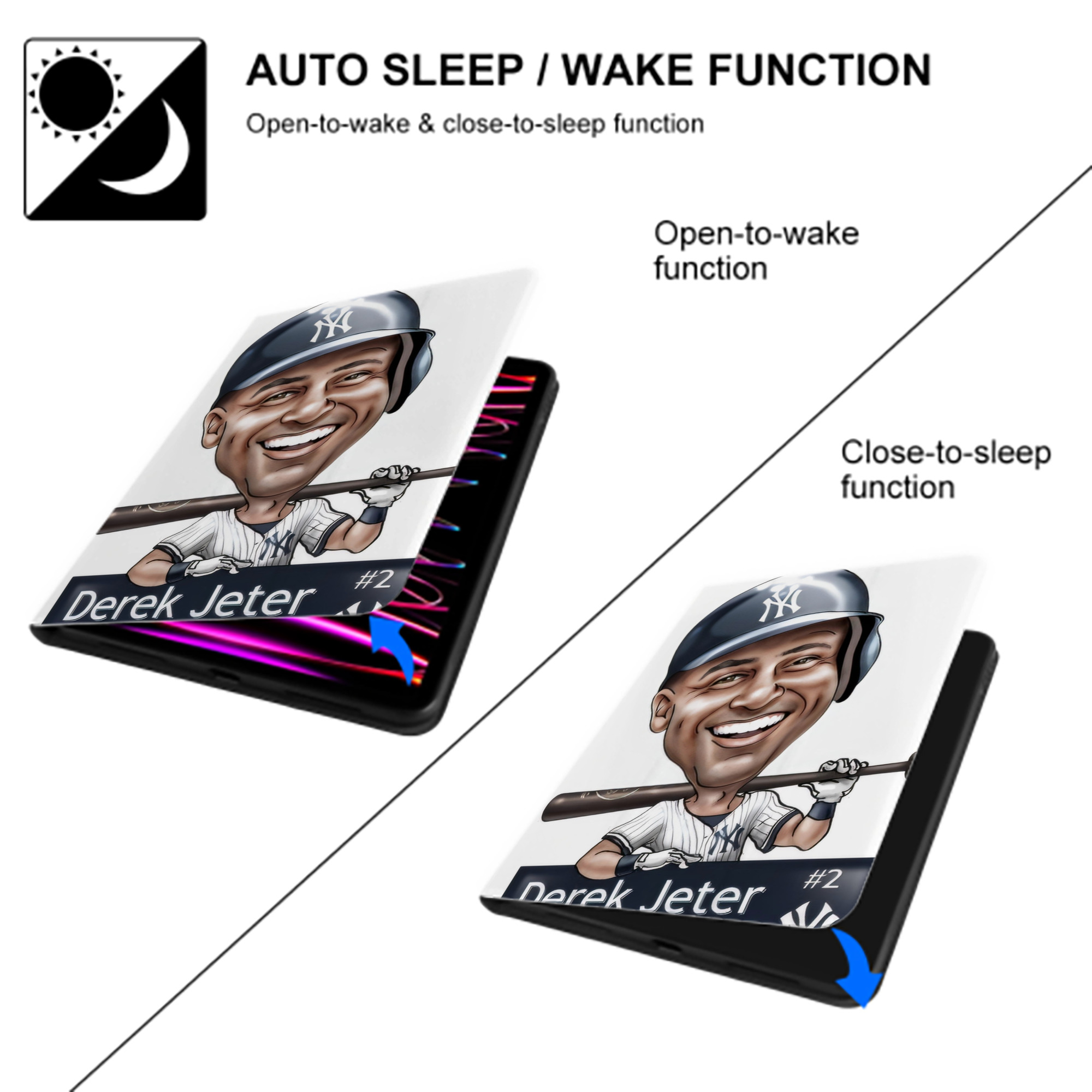Derek Jeter 18 Premium Tri-Fold PU Leather & Silicone IPad Case With Pencil Slot – Fits 9.5,10.5,10.9 – Adjustable Stand, Slim, Protective