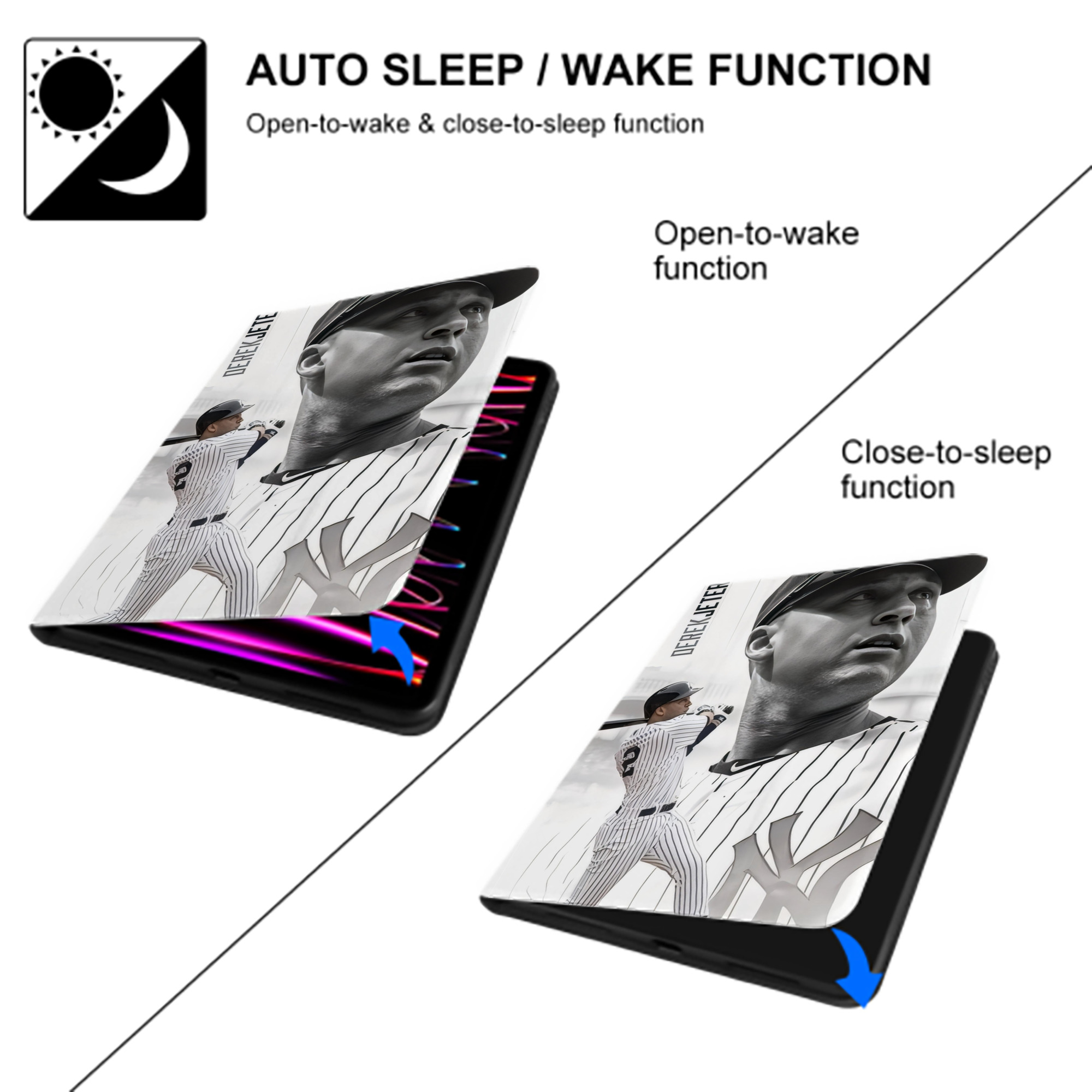 Derek Jeter 61 Premium Tri-Fold PU Leather & Silicone IPad Case With Pencil Slot – Fits 9.5,10.5,10.9 – Adjustable Stand, Slim, Protective