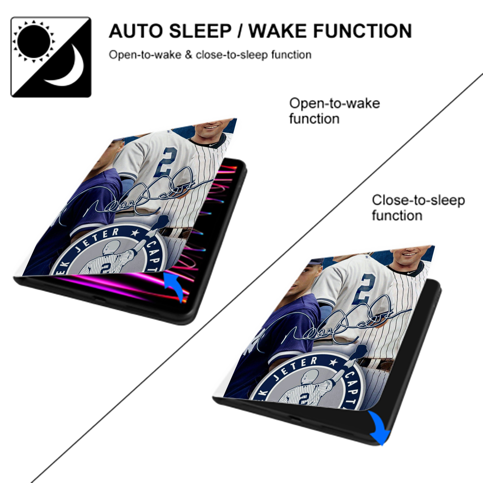 Derek Jeter 92 Premium Tri-Fold PU Leather & Silicone IPad Case With Pencil Slot – Fits 9.5,10.5,10.9 – Adjustable Stand, Slim, Protective