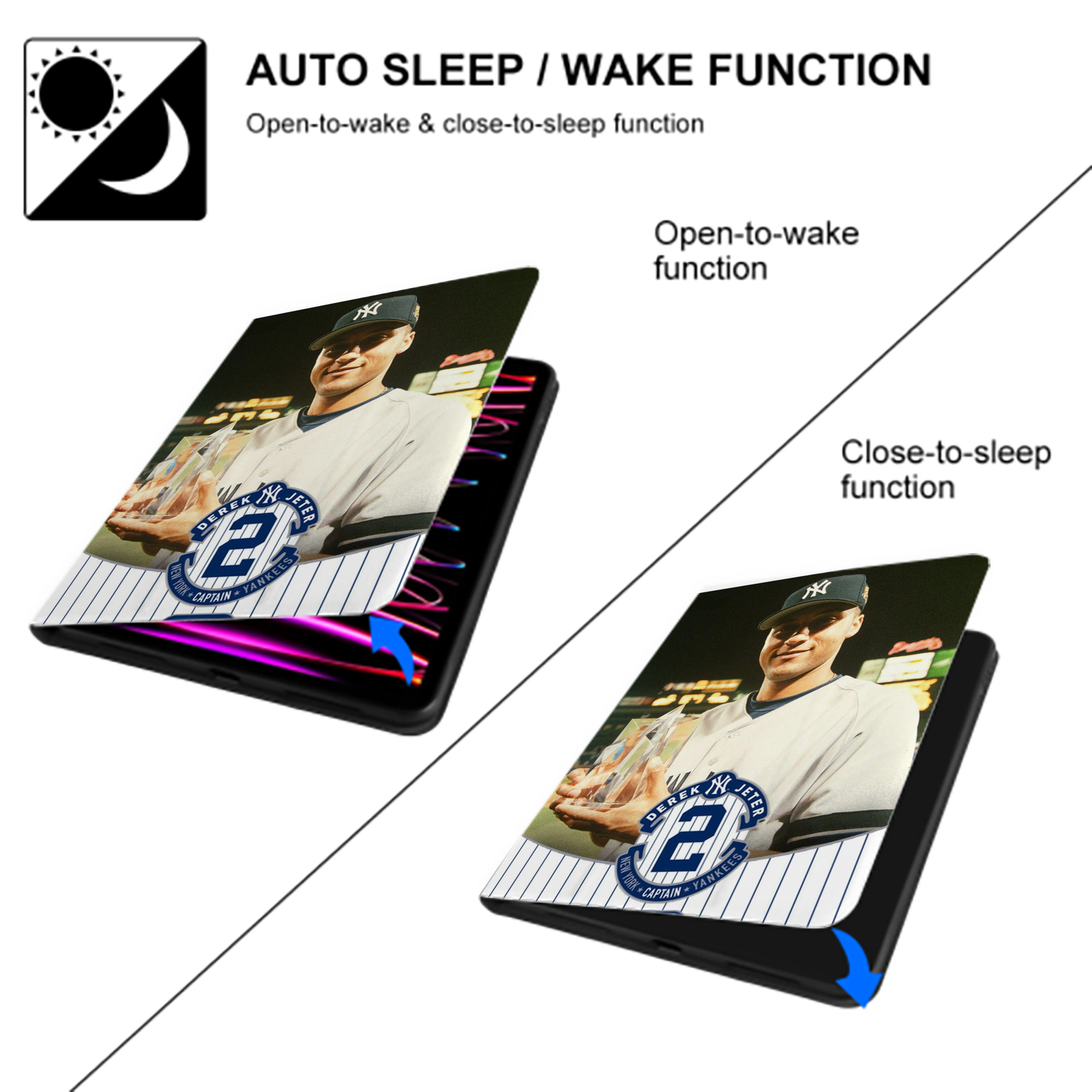 Derek Jeter 93 Premium Tri-Fold PU Leather & Silicone IPad Case With Pencil Slot – Fits 9.5,10.5,10.9 – Adjustable Stand, Slim, Protective