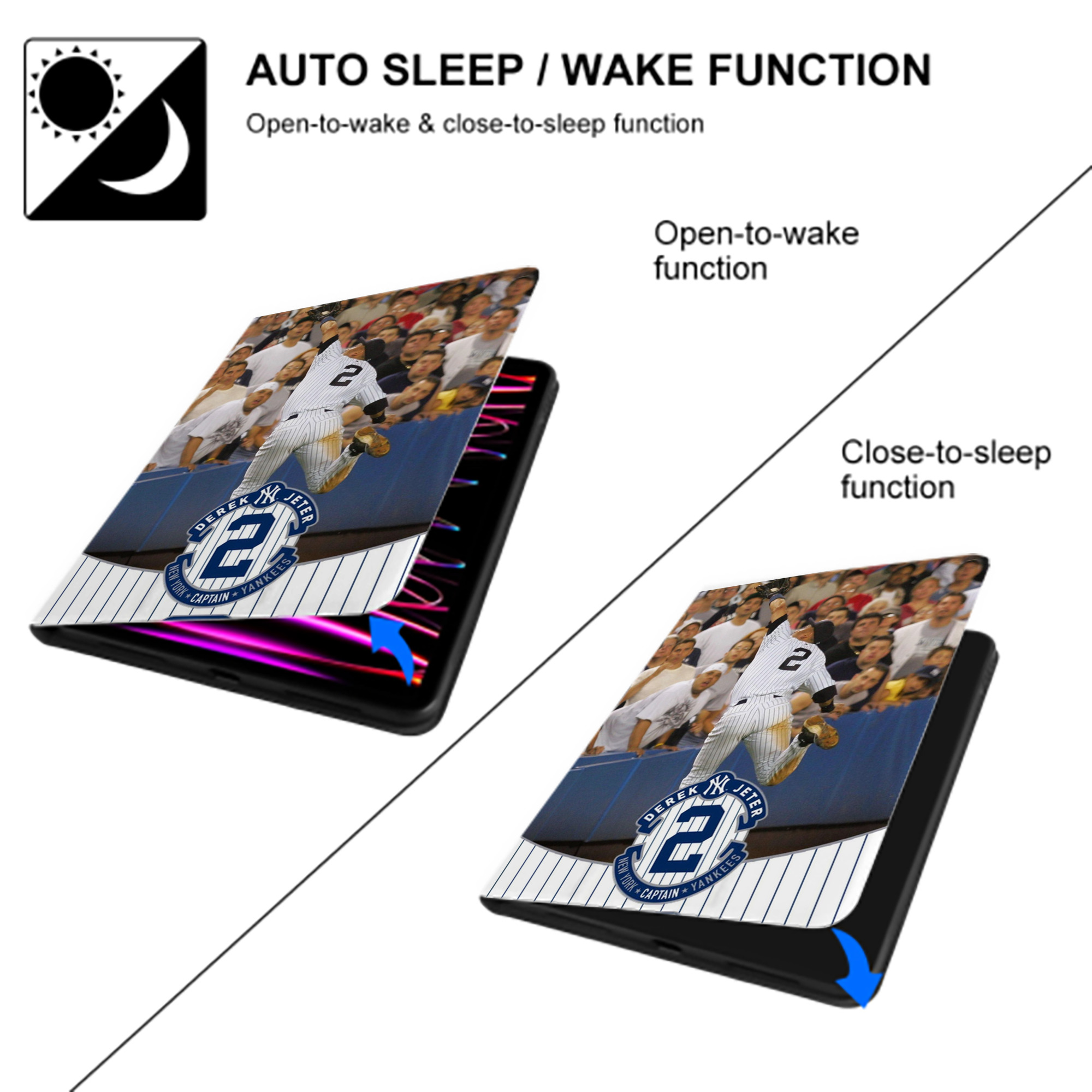 Derek Jeter 94 Premium Tri-Fold PU Leather & Silicone IPad Case With Pencil Slot – Fits 9.5,10.5,10.9 – Adjustable Stand, Slim, Protective