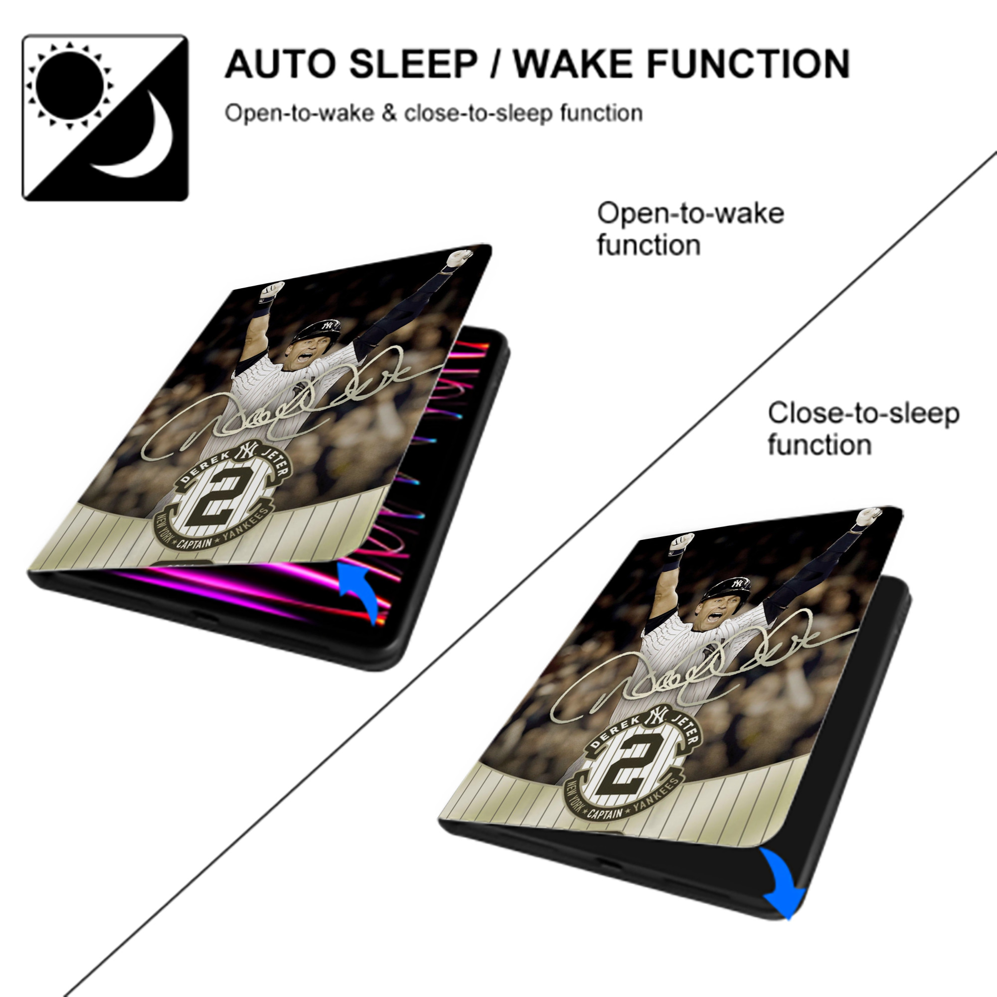 Derek Jeter 95 Premium Tri-Fold PU Leather & Silicone IPad Case With Pencil Slot – Fits 9.5,10.5,10.9 – Adjustable Stand, Slim, Protective