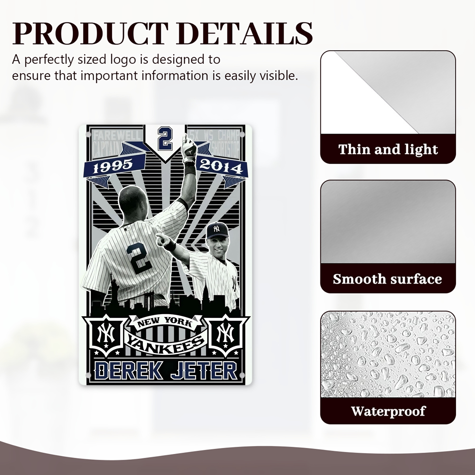 Derek Jeter 34 8x12inch Vertical Aluminum Sign - Durable Fade-Resistant Indoor/Outdoor Safety & Information Plaque For Office, Hotel, Restaurant, Bar, Public Spaces