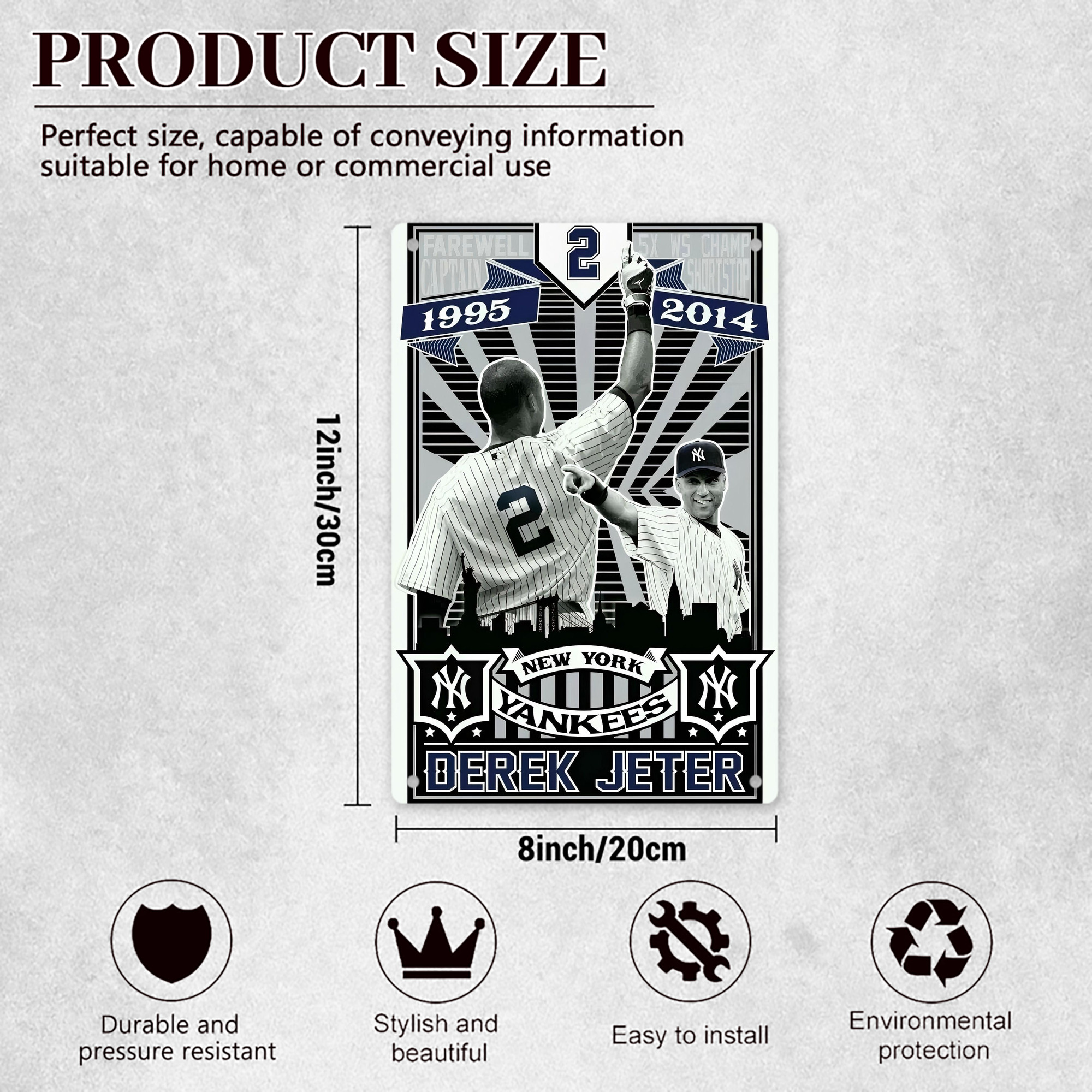 Derek Jeter 34 8x12inch Vertical Aluminum Sign - Durable Fade-Resistant Indoor/Outdoor Safety & Information Plaque For Office, Hotel, Restaurant, Bar, Public Spaces