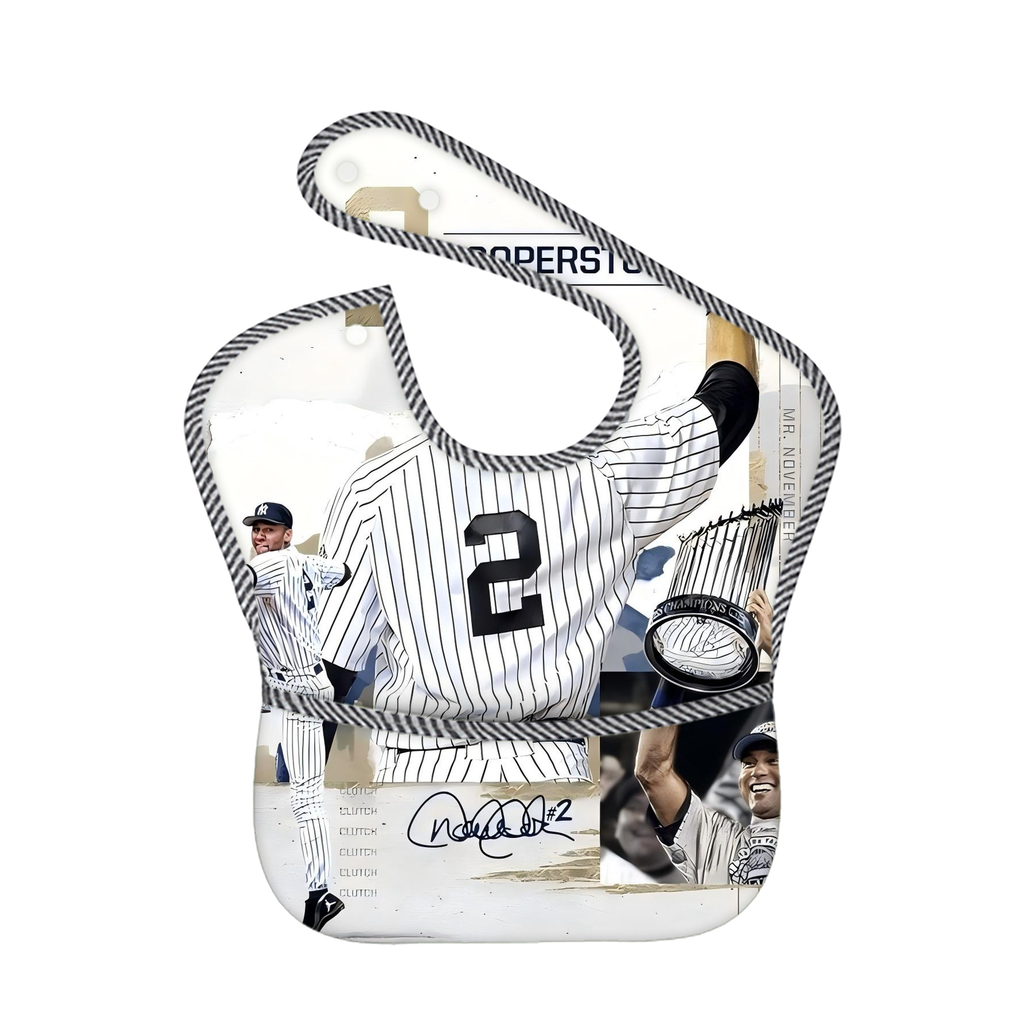 Derek Jeter 58 Adjustable Waterproof Toddler Bib – Full-Print Durable Polyester – Foldable Crumb Pocket – Easy Snap Closure – Soft