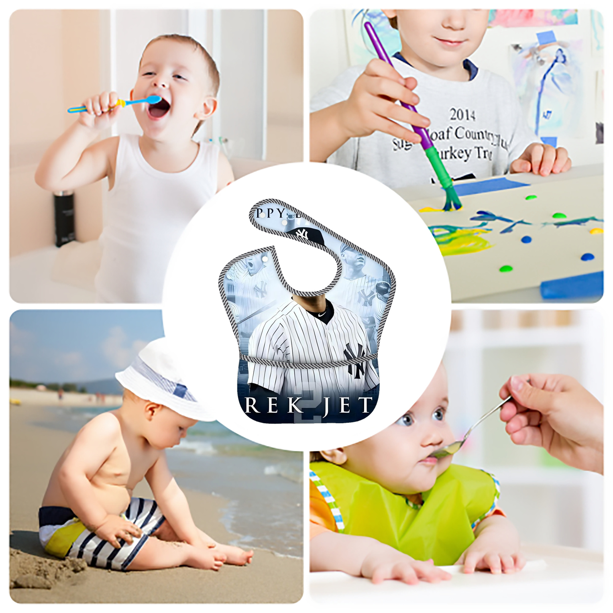 Derek Jeter 21 Adjustable Waterproof Toddler Bib – Full-Print Durable Polyester – Foldable Crumb Pocket – Easy Snap Closure – Soft