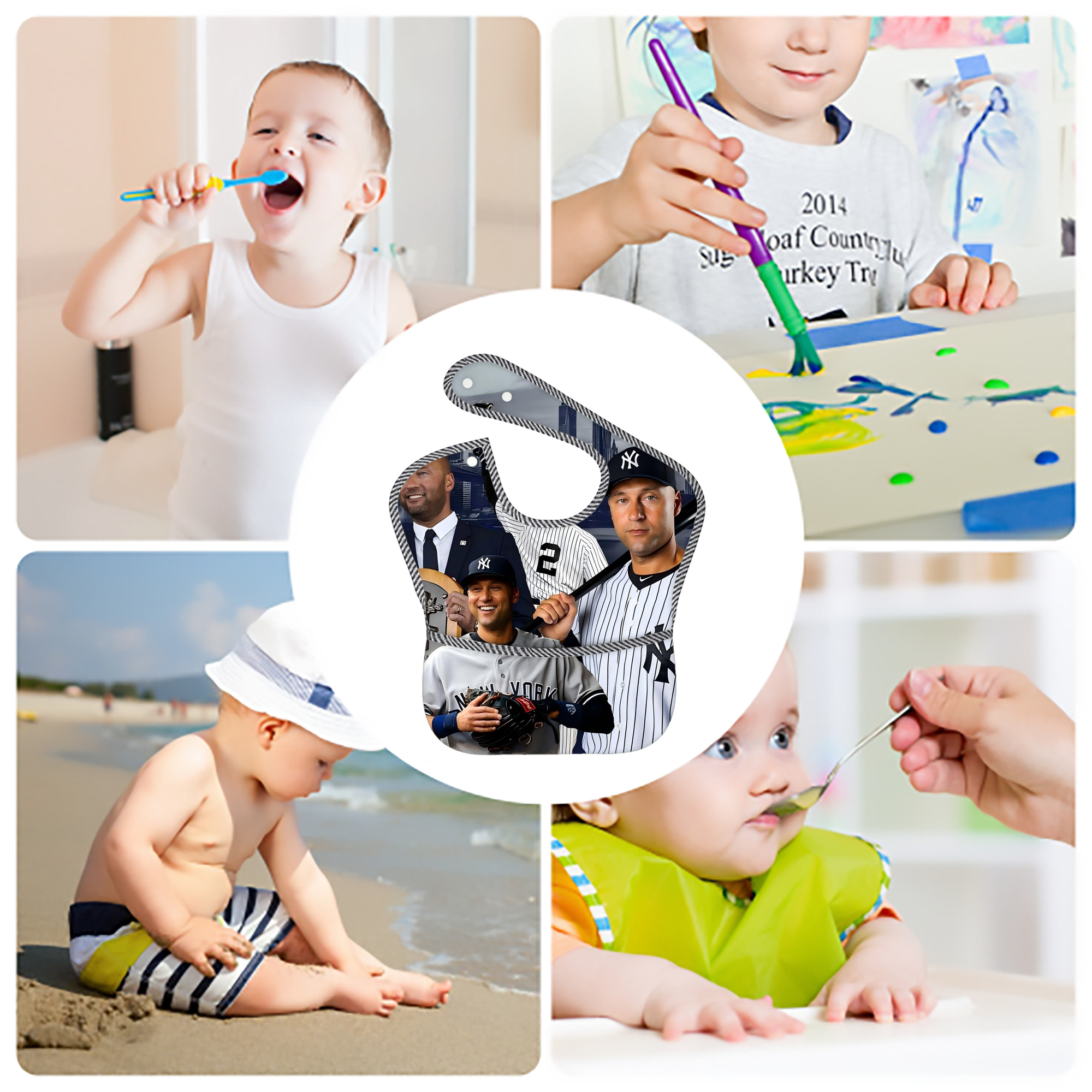 Derek Jeter 49 Adjustable Waterproof Toddler Bib – Full-Print Durable Polyester – Foldable Crumb Pocket – Easy Snap Closure – Soft