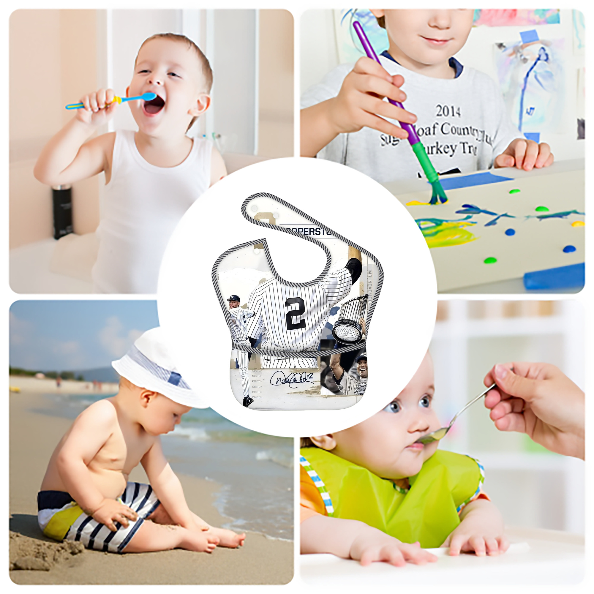 Derek Jeter 58 Adjustable Waterproof Toddler Bib – Full-Print Durable Polyester – Foldable Crumb Pocket – Easy Snap Closure – Soft