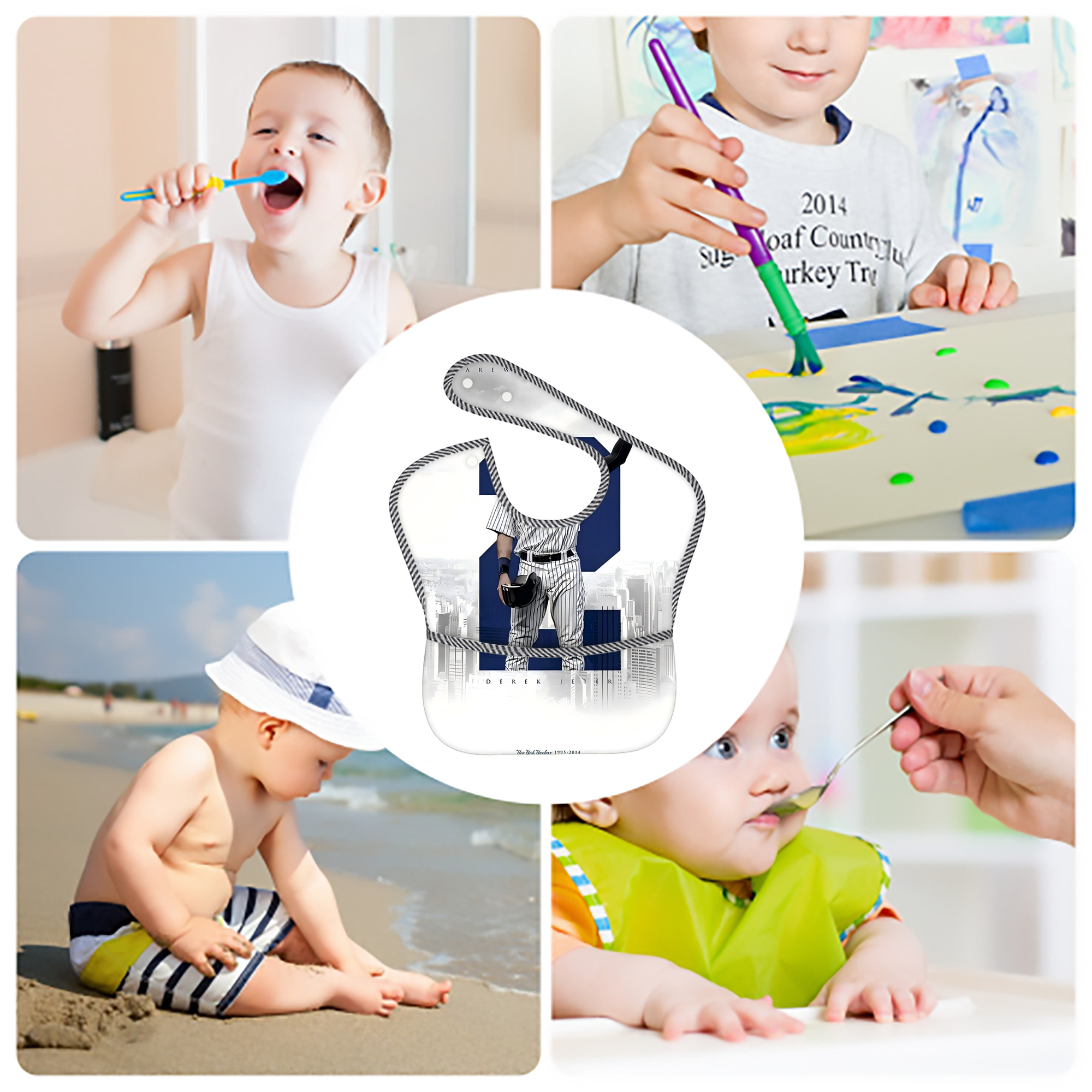 Derek Jeter 68 Adjustable Waterproof Toddler Bib – Full-Print Durable Polyester – Foldable Crumb Pocket – Easy Snap Closure – Soft