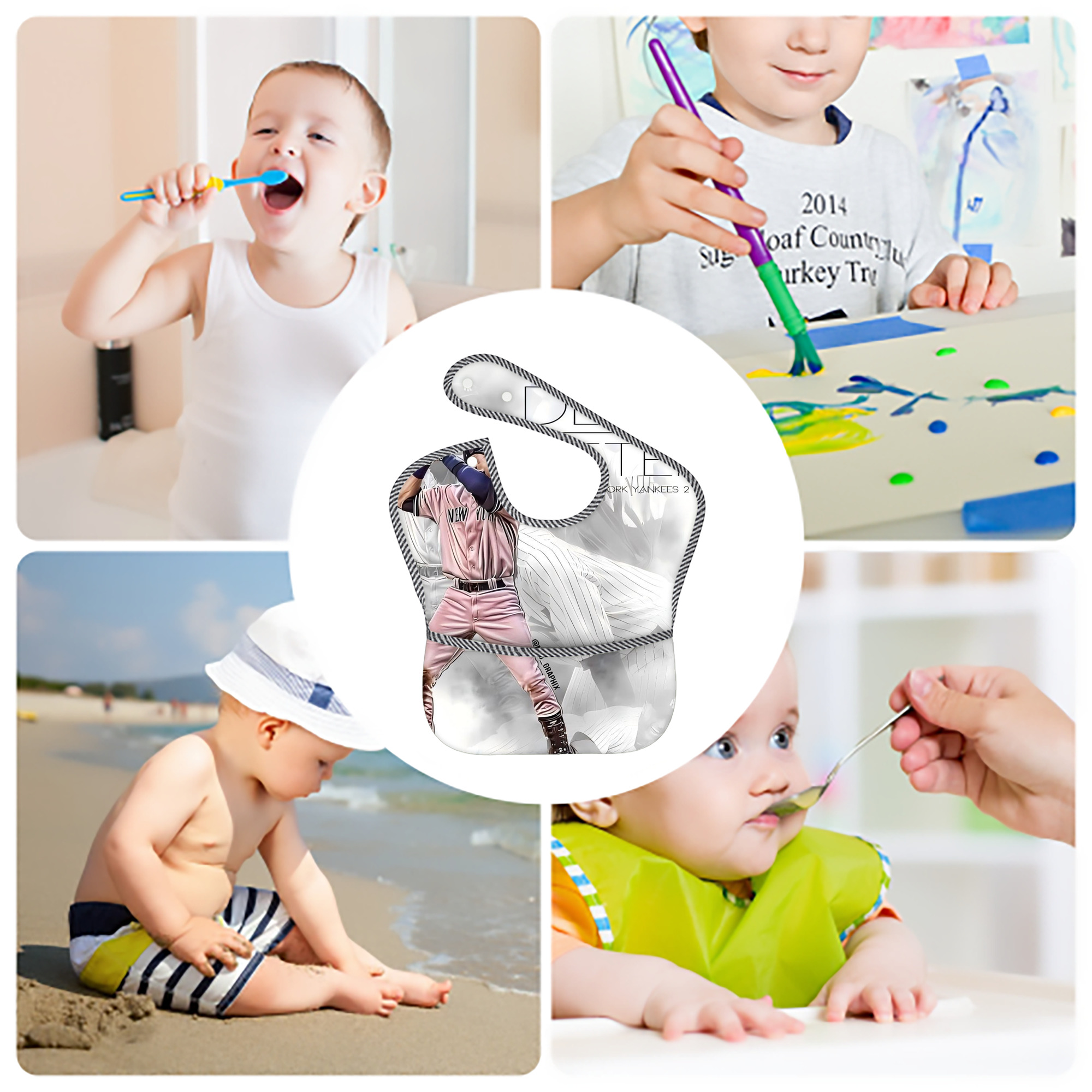 Derek Jeter 72 Adjustable Waterproof Toddler Bib – Full-Print Durable Polyester – Foldable Crumb Pocket – Easy Snap Closure – Soft